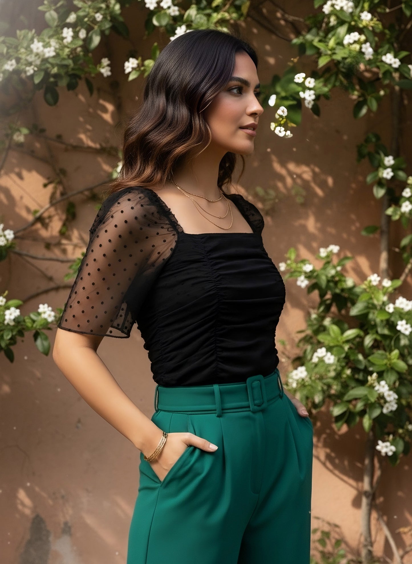 Berrylush Women Solid Black Dobby Weave Square Neck Puff Sleeve Pleated Regular Top