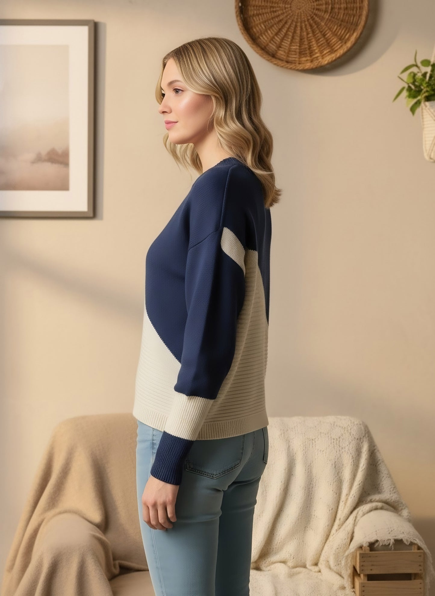 Berrylush Women White & Navy Blue Colourblocked Pattern Round Neck Drop-Shoulder Sleeves Acrylic Ribbed Hem Regular Pullover