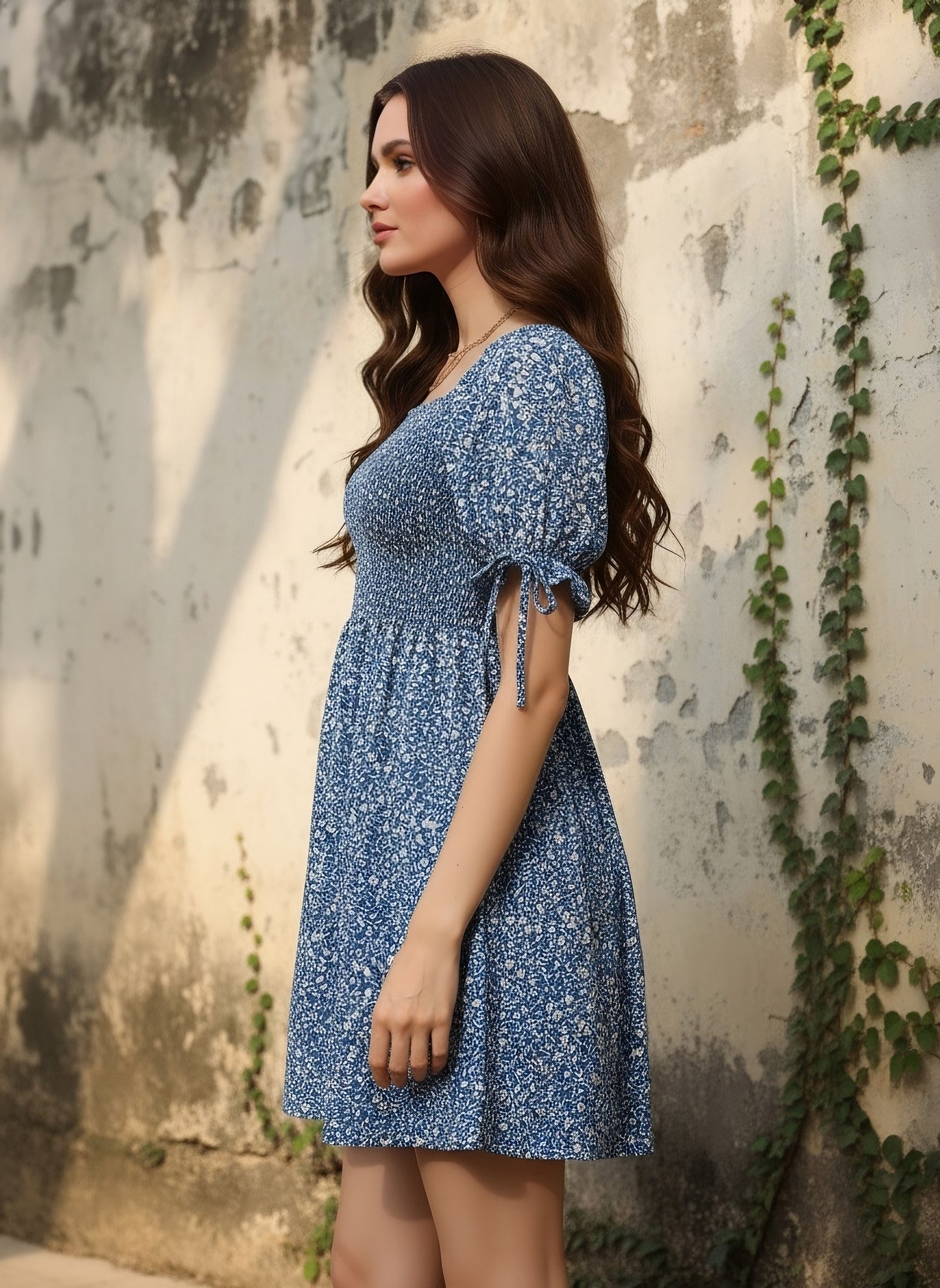 Berrylush Women Blue & White Floral Printed Square Neck Smocked Back Crepe A-Line Mini Dress