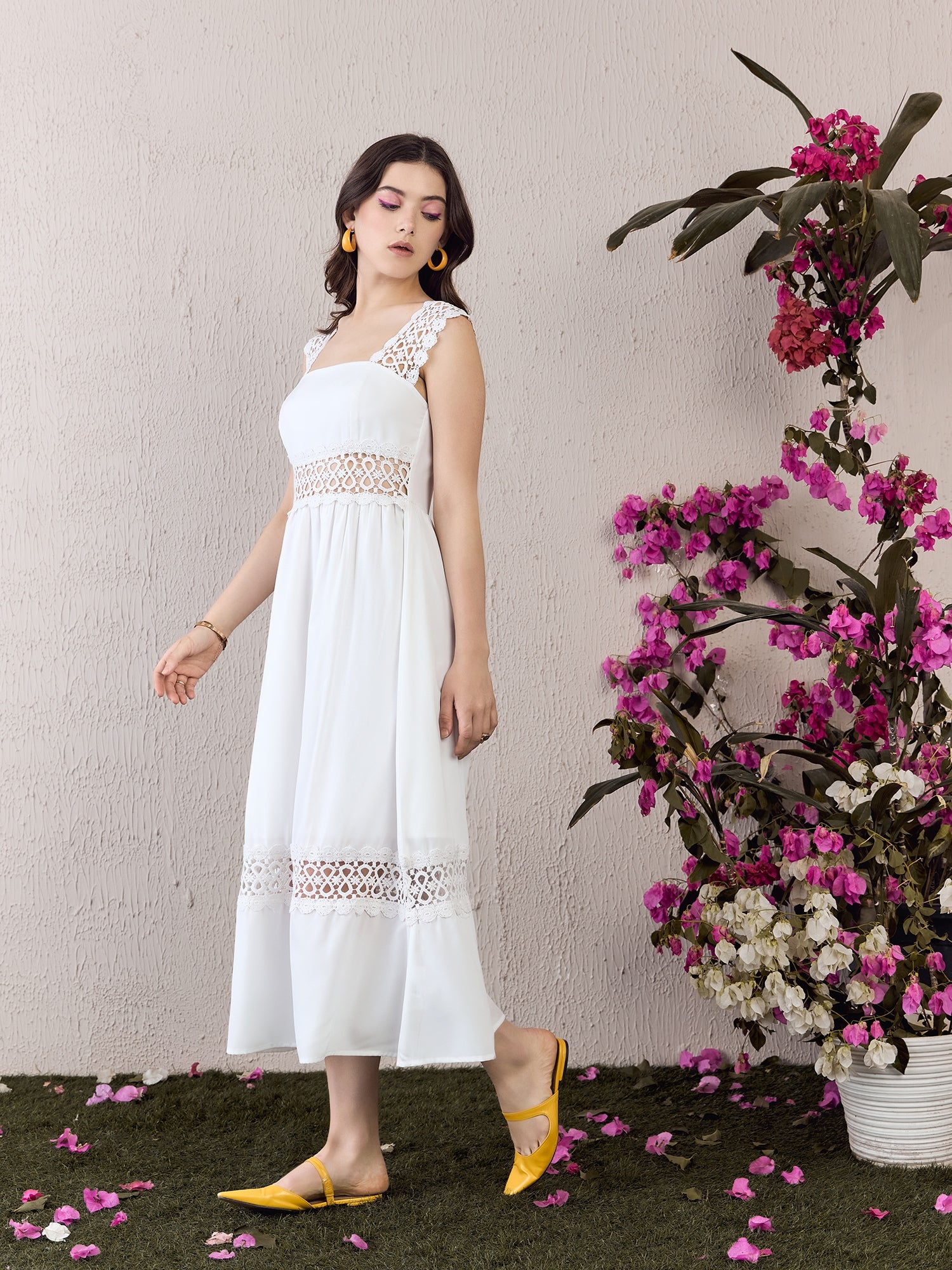 Women Solid White Square Neck Sleeveless Lace Inserts Fit & Flare Maxi Dress - Berrylush Women Solid White Square Neck Sleeveless Lace Inserts Fit & Flare Maxi Dress - Berrylush