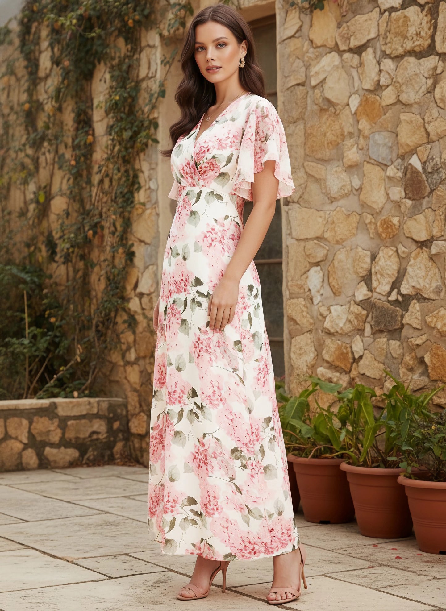Berrylush Women White & Pink Floral Printed V-Neck Flutter Sleeve Pleated Maxi Dress