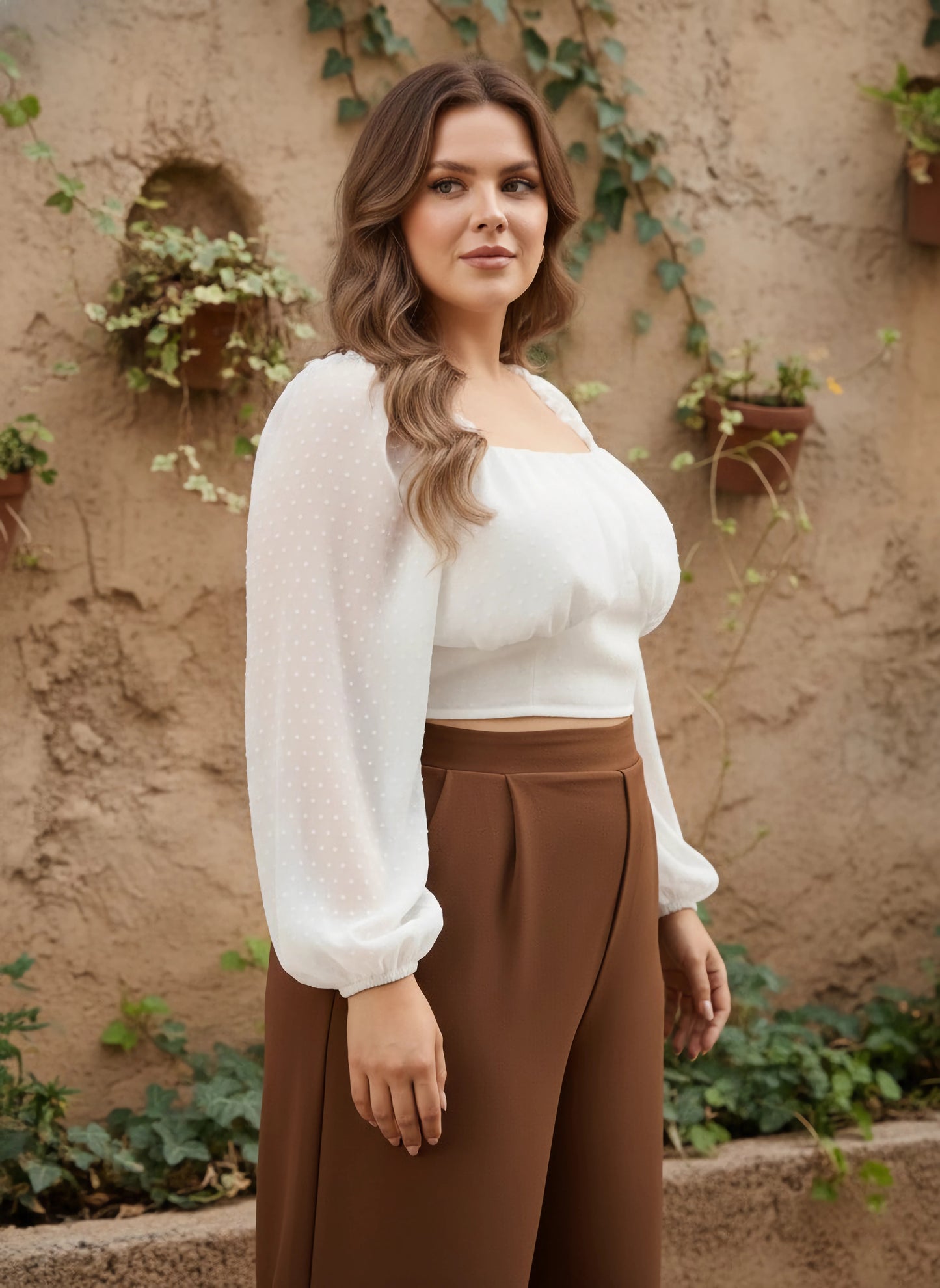 Berrylush Curve Women Solid White Dobby Weave Sweetheart Neck Puff Sleeves Smocked Crop Top