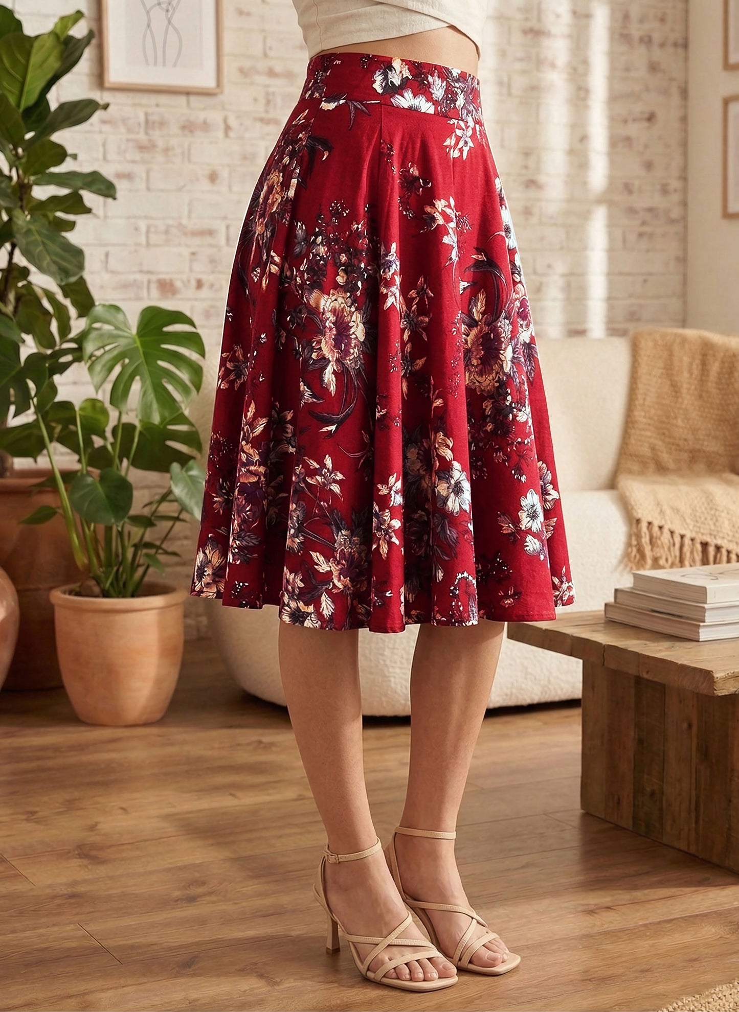 Berrylush Women Maroon & White Floral Printed Crepe High-Rise Waist Flared A-Line Midi Skirt