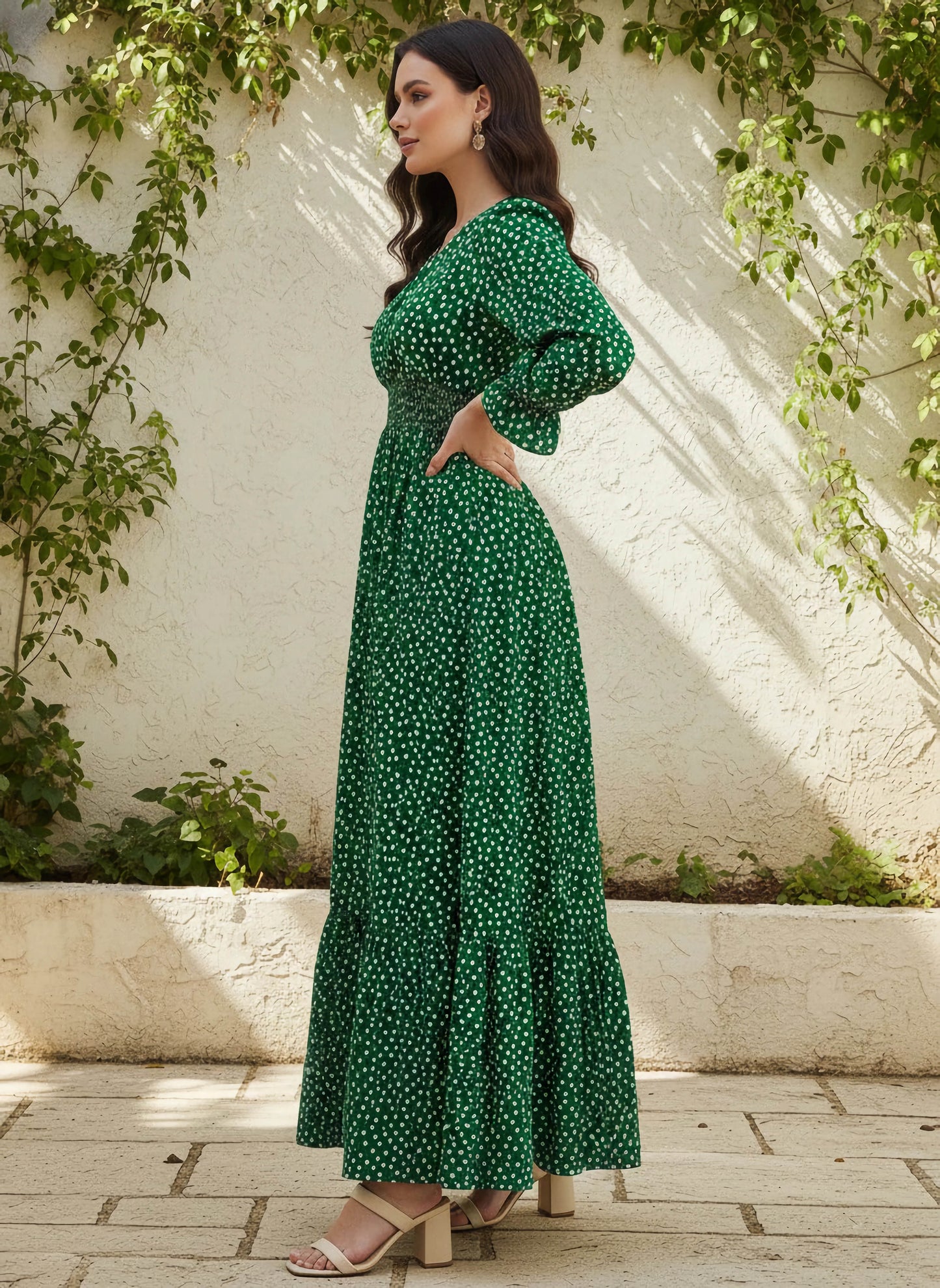 Berrylush Women Green & White Floral Printed V-Neck Bishop Sleeves Flounce Hem Ruffled A-Line Maxi Dress