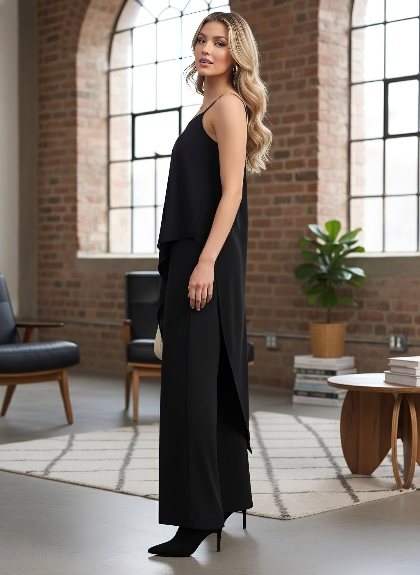 Berrylush Women Black Solid Shoulder Straps High-Low Top With Trousers Co-Ords