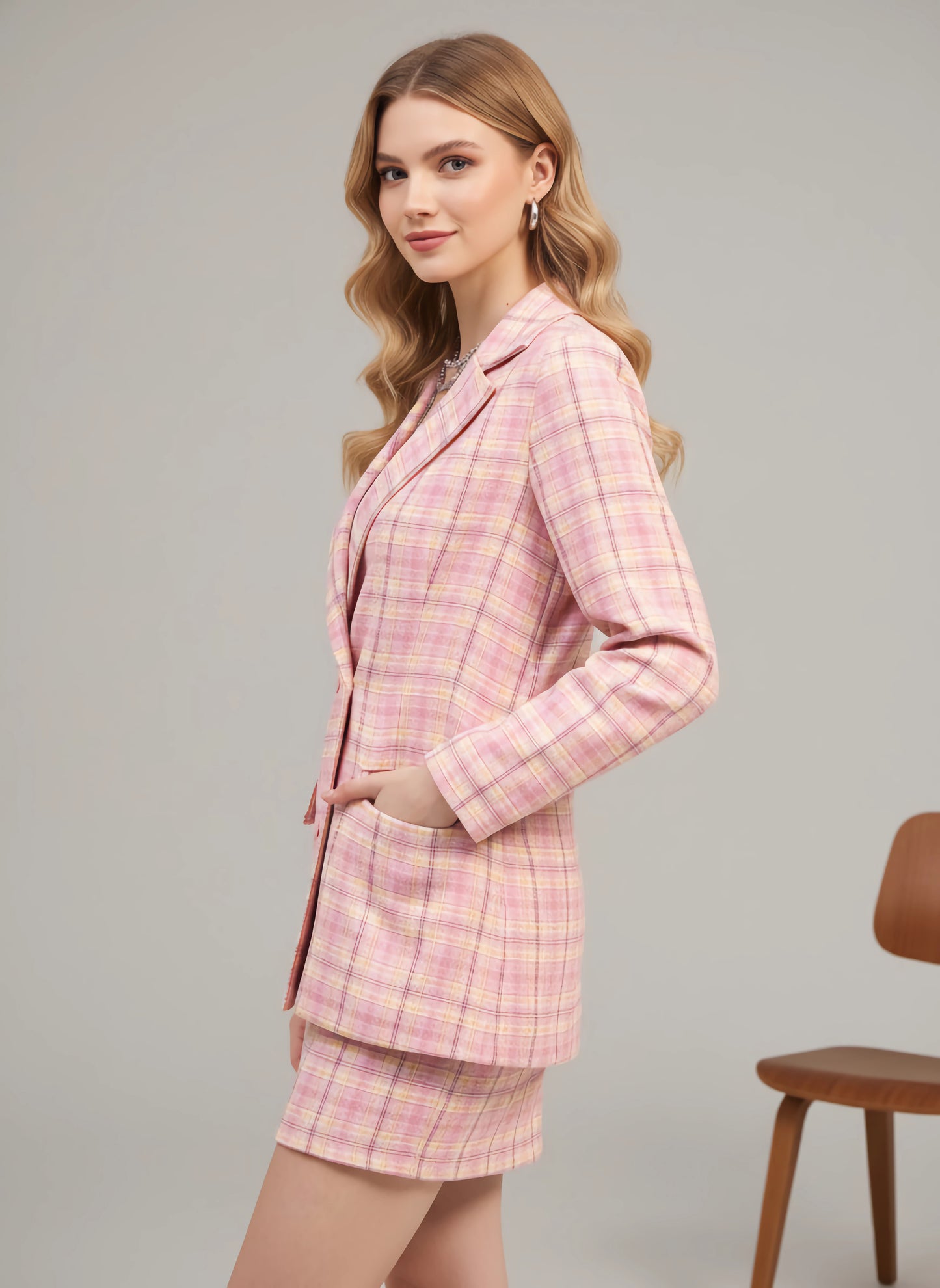 Berrylush Women Pink Notched Collar Neck Double Breasted Regular Blazer & Slip-On Mini Skirt Co-Ord Set