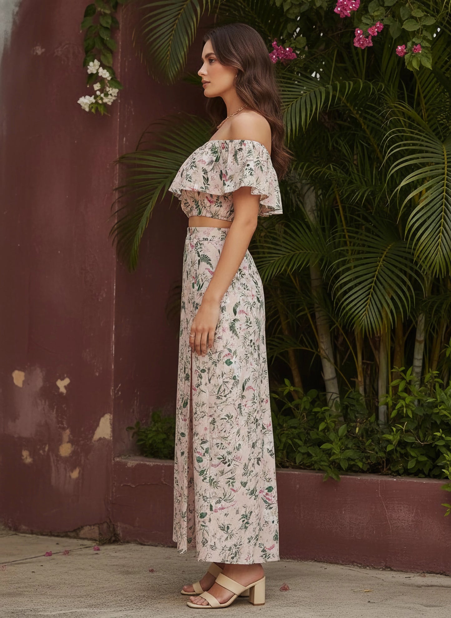 Berrylush Beige Floral Print Co-Ord Dress Set