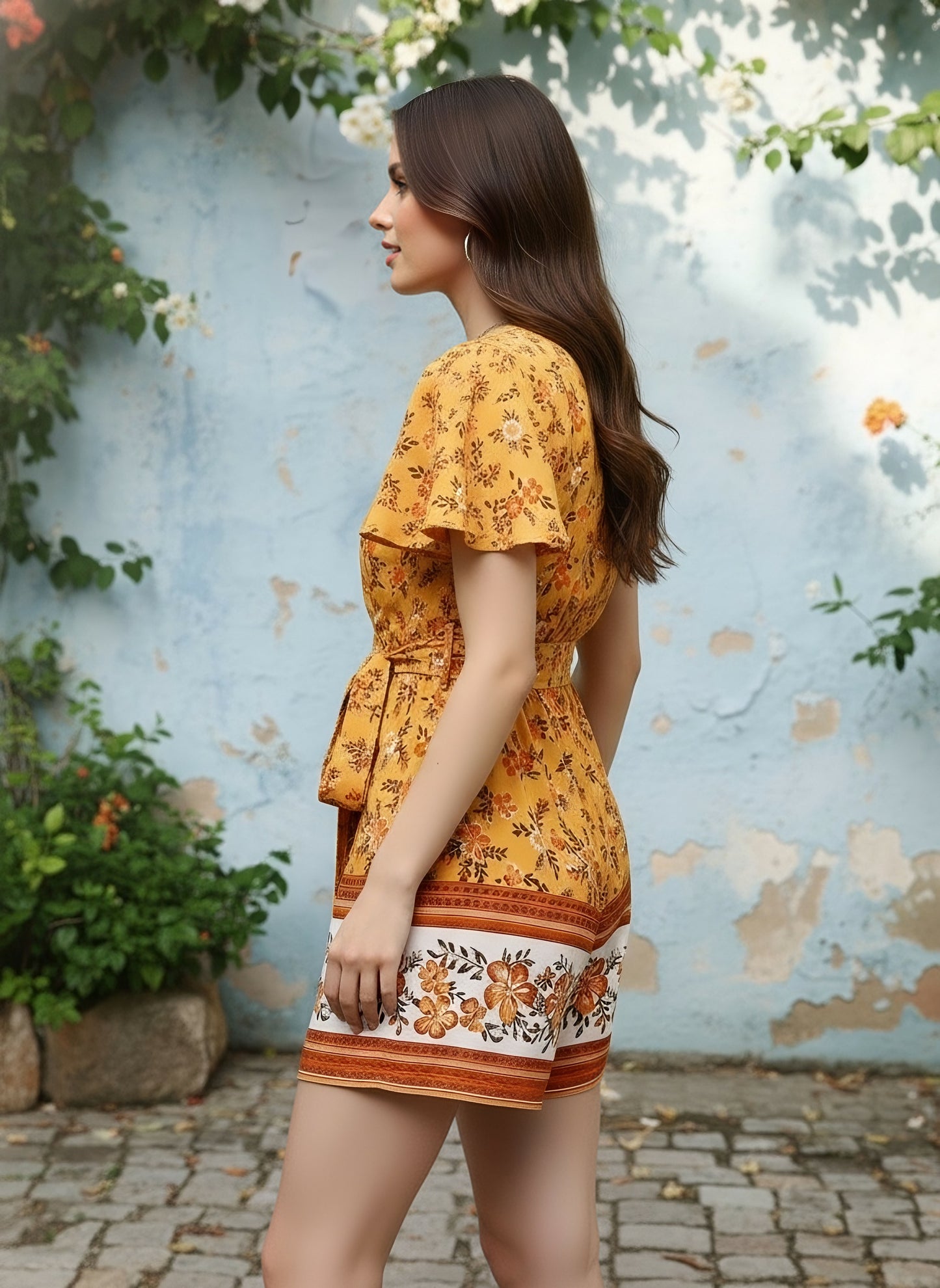 Berrylush Women Yellow & Orange Floral Printed V-Neck Waist Tie-Up Wrap Mini Playsuit