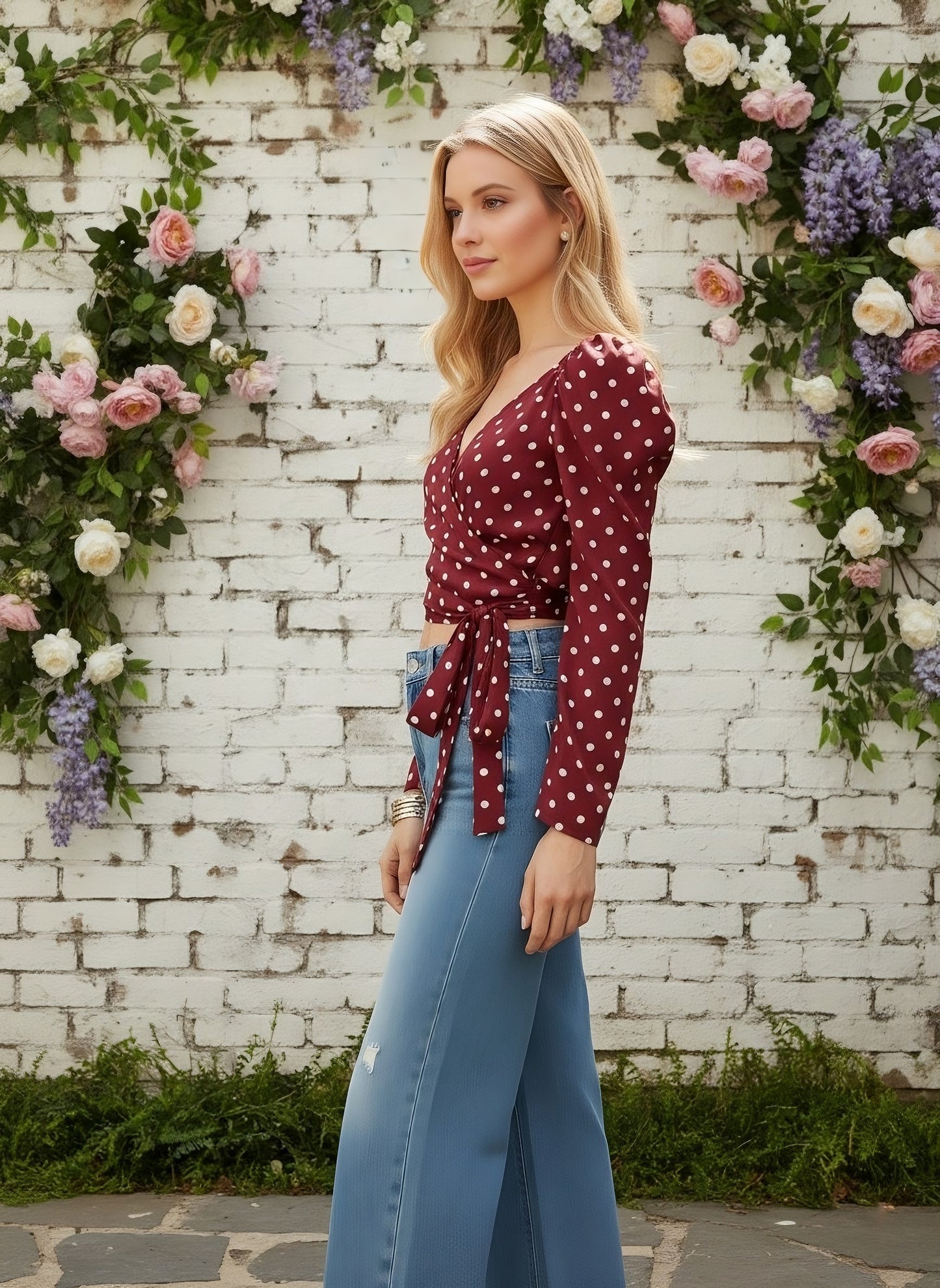 Berrylush Women Red Puff Sleeve Wrap Polka-Dot Crop Top