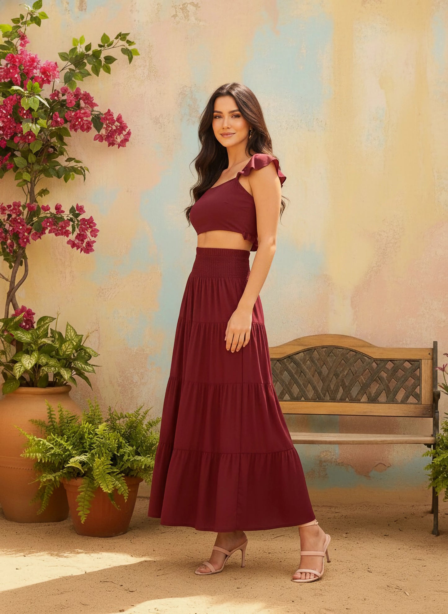 Berrylush Women Solid Maroon Square Neckline Cap Sleeves Cropped Top & Smocked Maxi Skirt Co-Ord Set