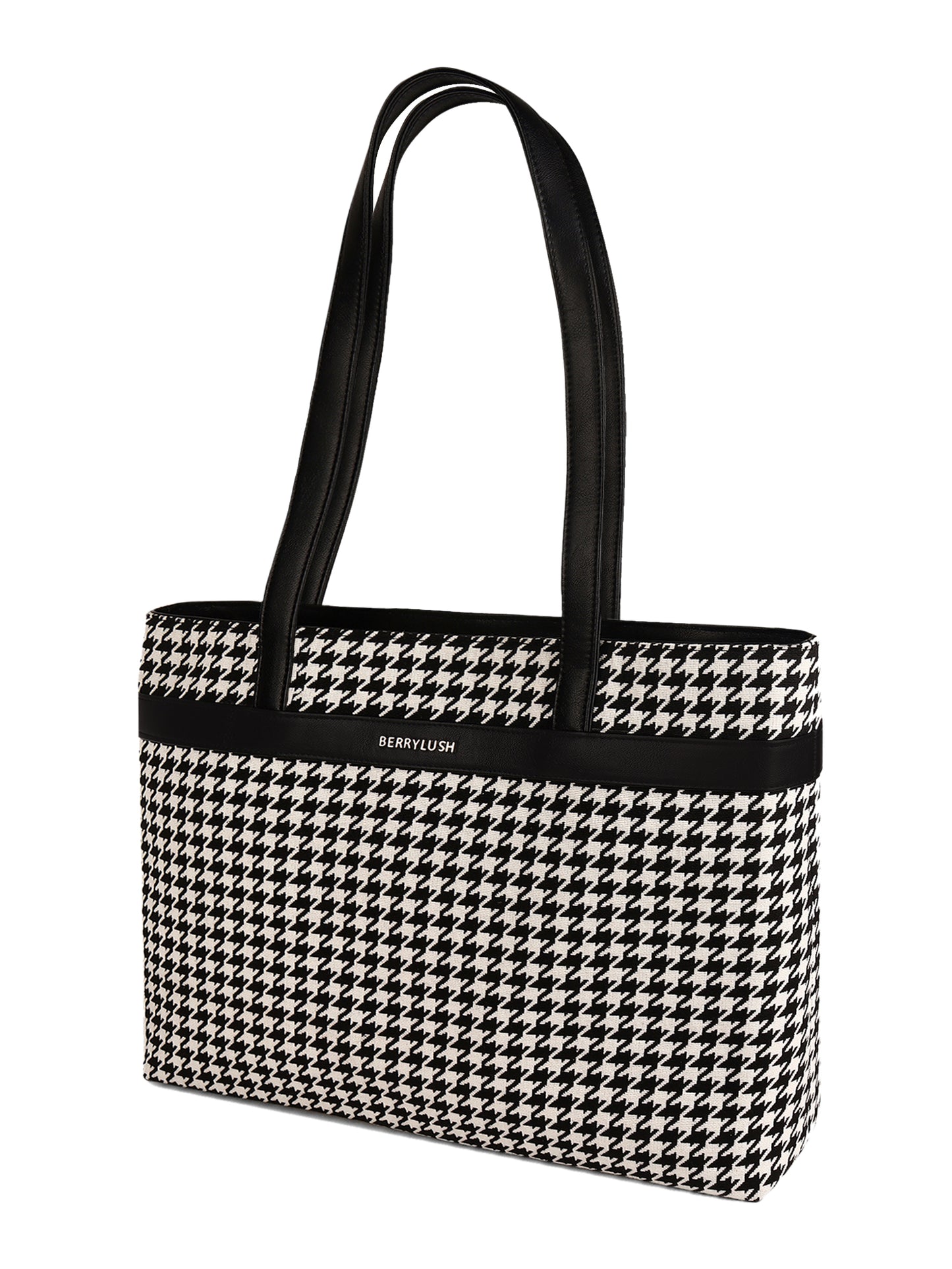 Berrylush Women Black & White Self Design Print Smart Basic Tote Bag