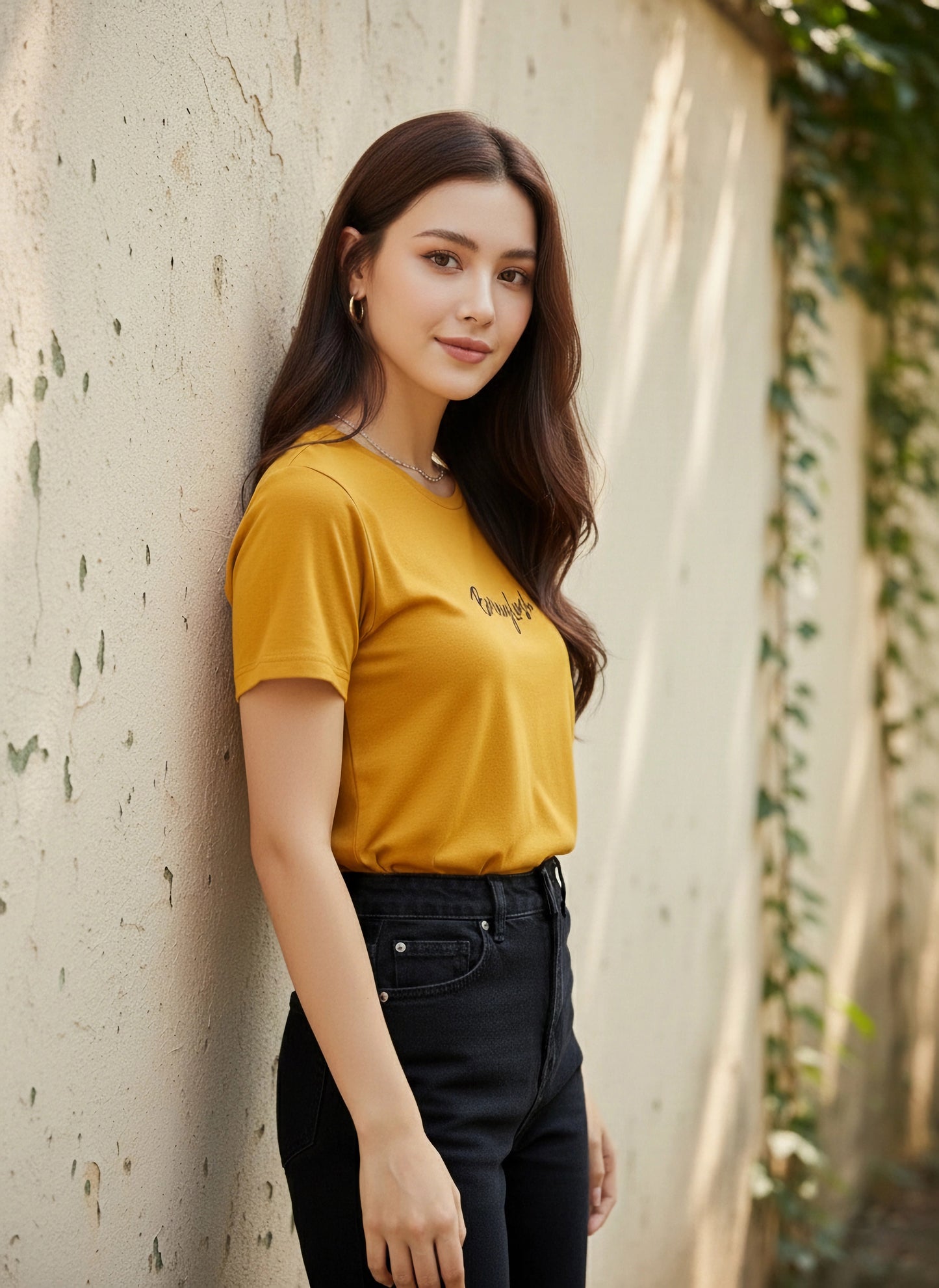 Solid Mustard Yellow Round Neck Front Brand Logo Short Sleeves Knitted Regular T-Shirt