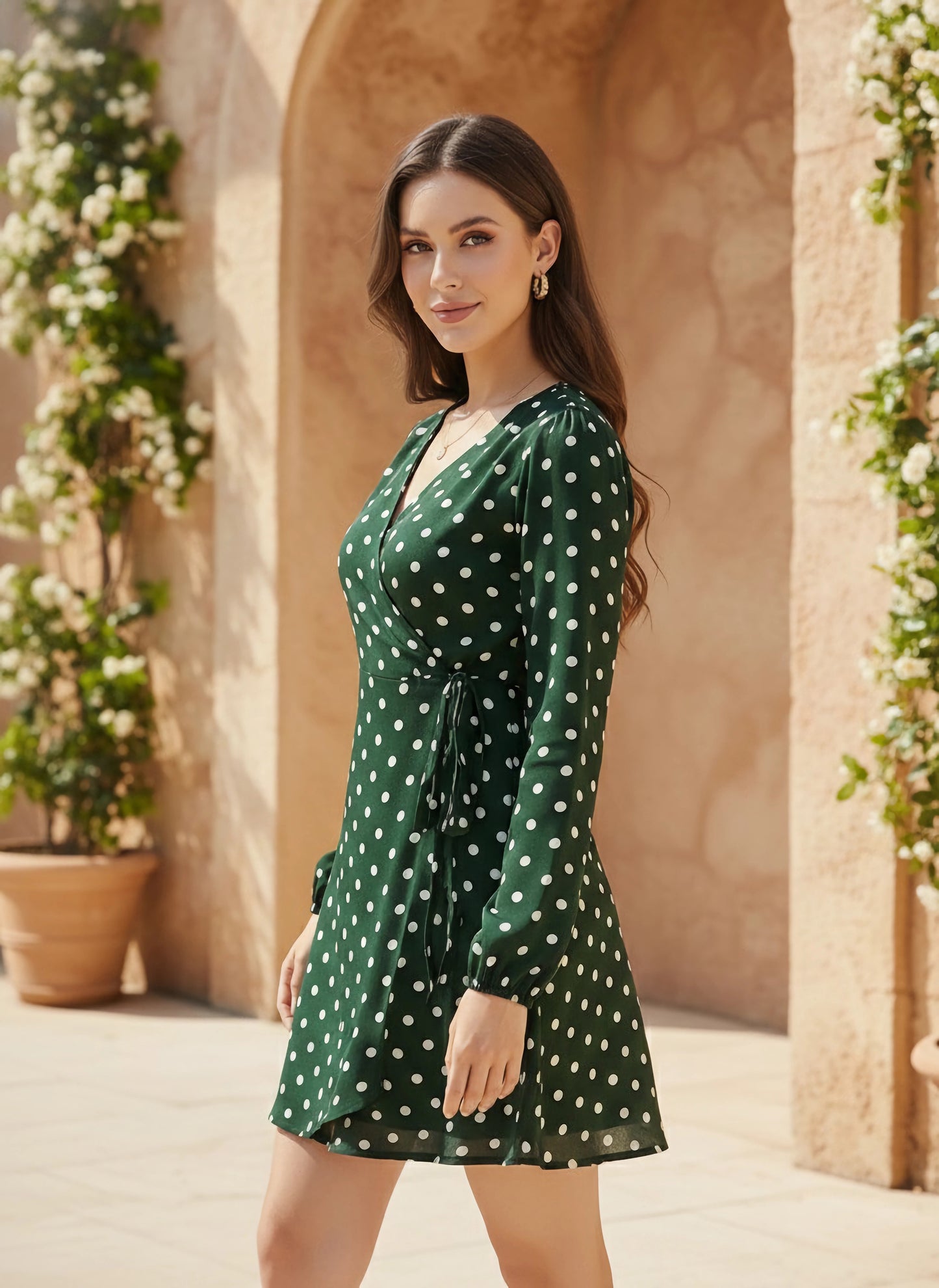 Berrylush Women Green Polka Dot Printed V-Neck Waist Tie-Up Fit & Flare Wrap Mini Dress