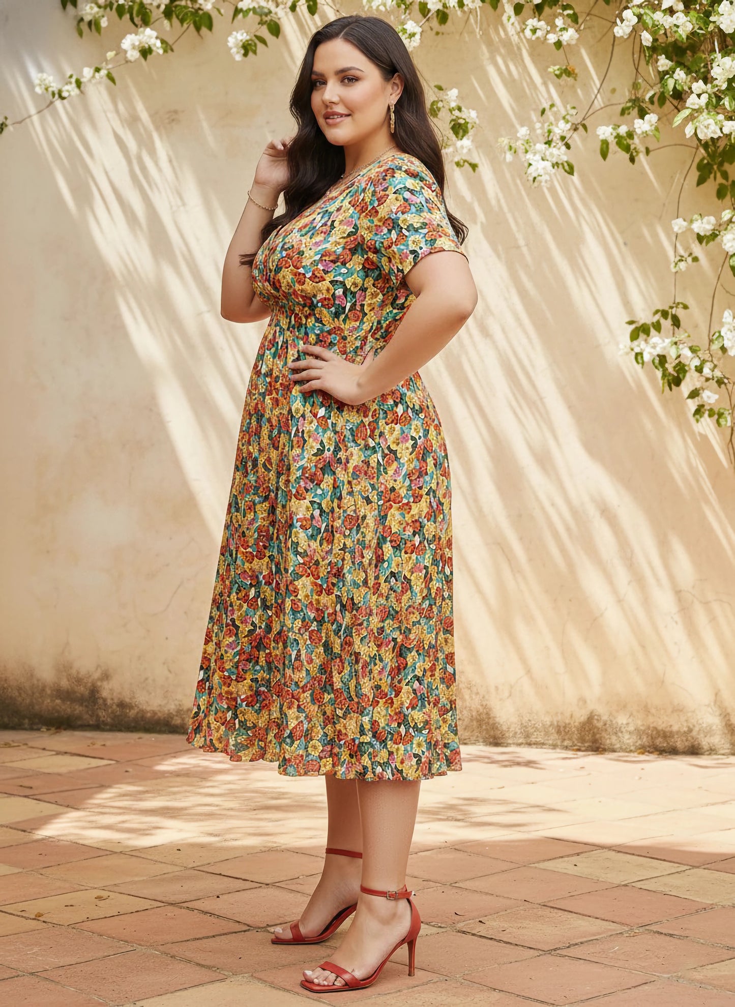 Plus Size Red, Yellow, & Green Floral Printed V-Neck Crepe Flared Wrap Midi Dress
