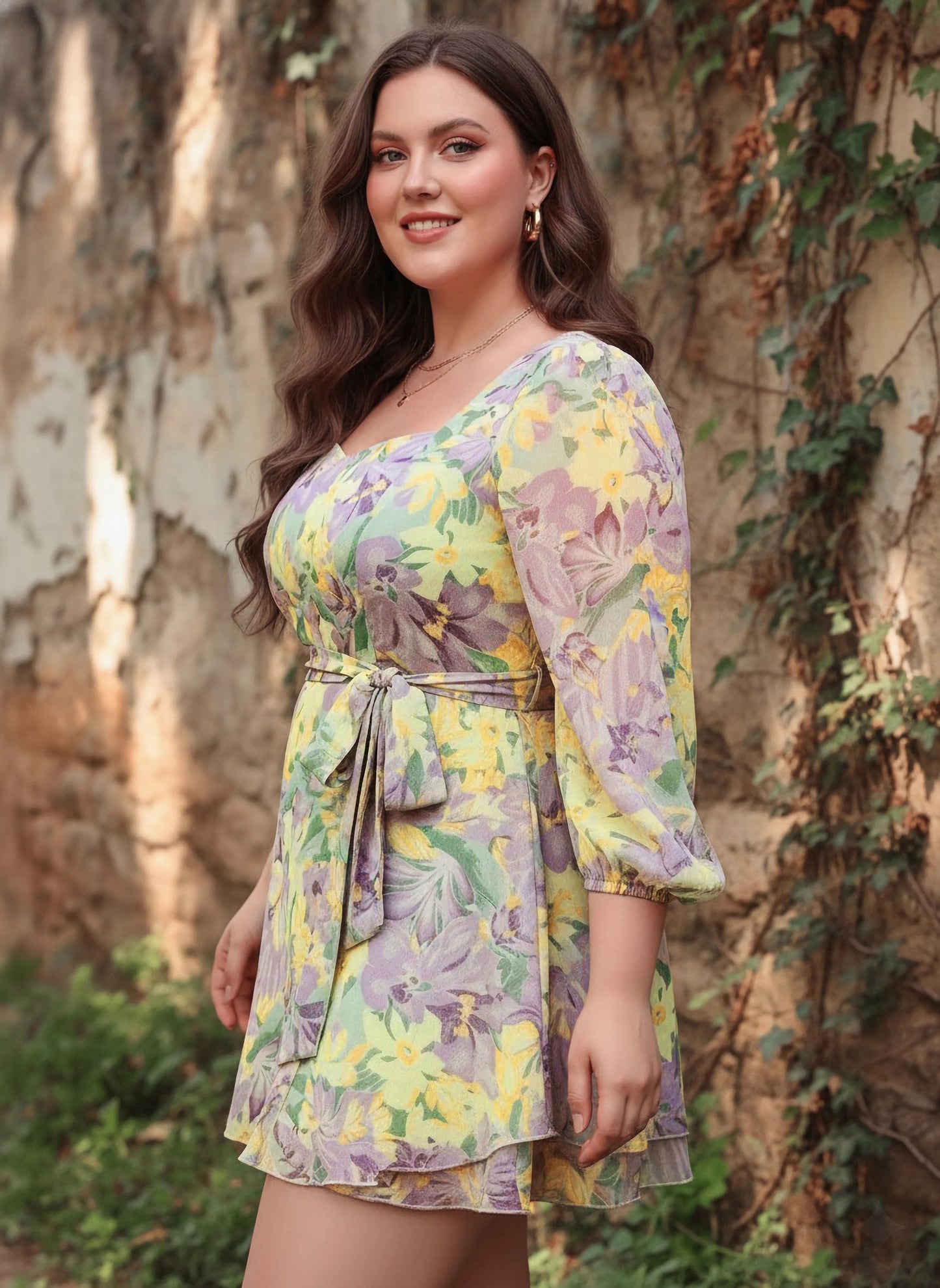 Berrylush Women Plus Size Purple & Yellow Floral Printed Sweetheart Neck Tie-Up Waist Layered Mini Jumpsuit