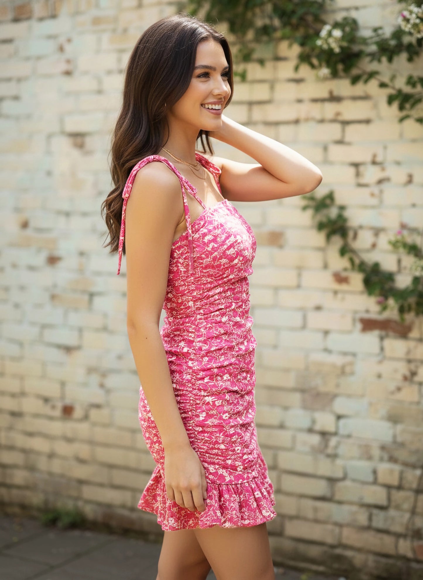 Berrylush Women Pink Floral Printed Square Neck Tie-Up Strap Ruched Bodycon Mini Dress