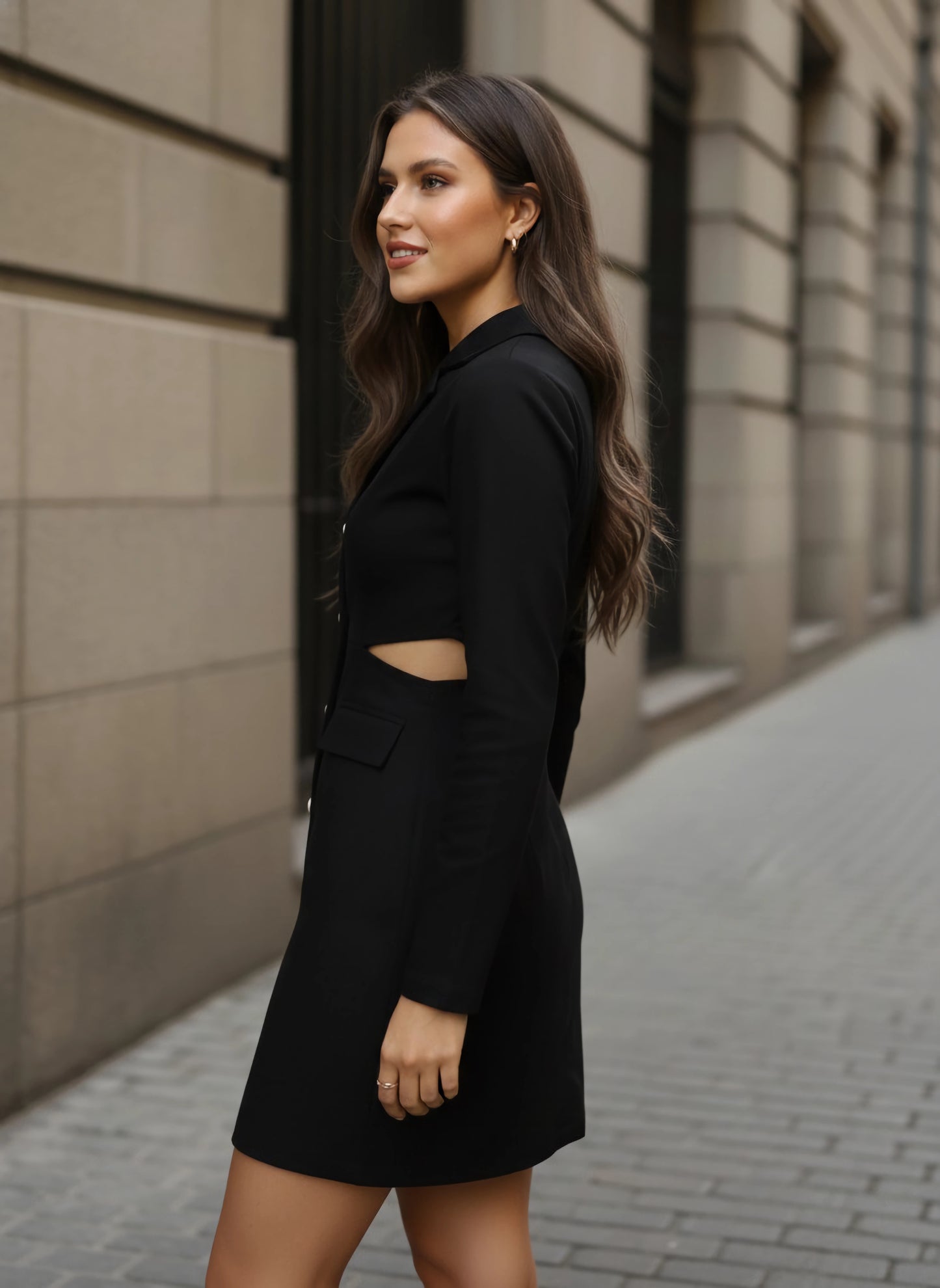 Berrylush Women Solid Black V-Neck Cutout Cotton Straight Hem Mini Blazer Dress