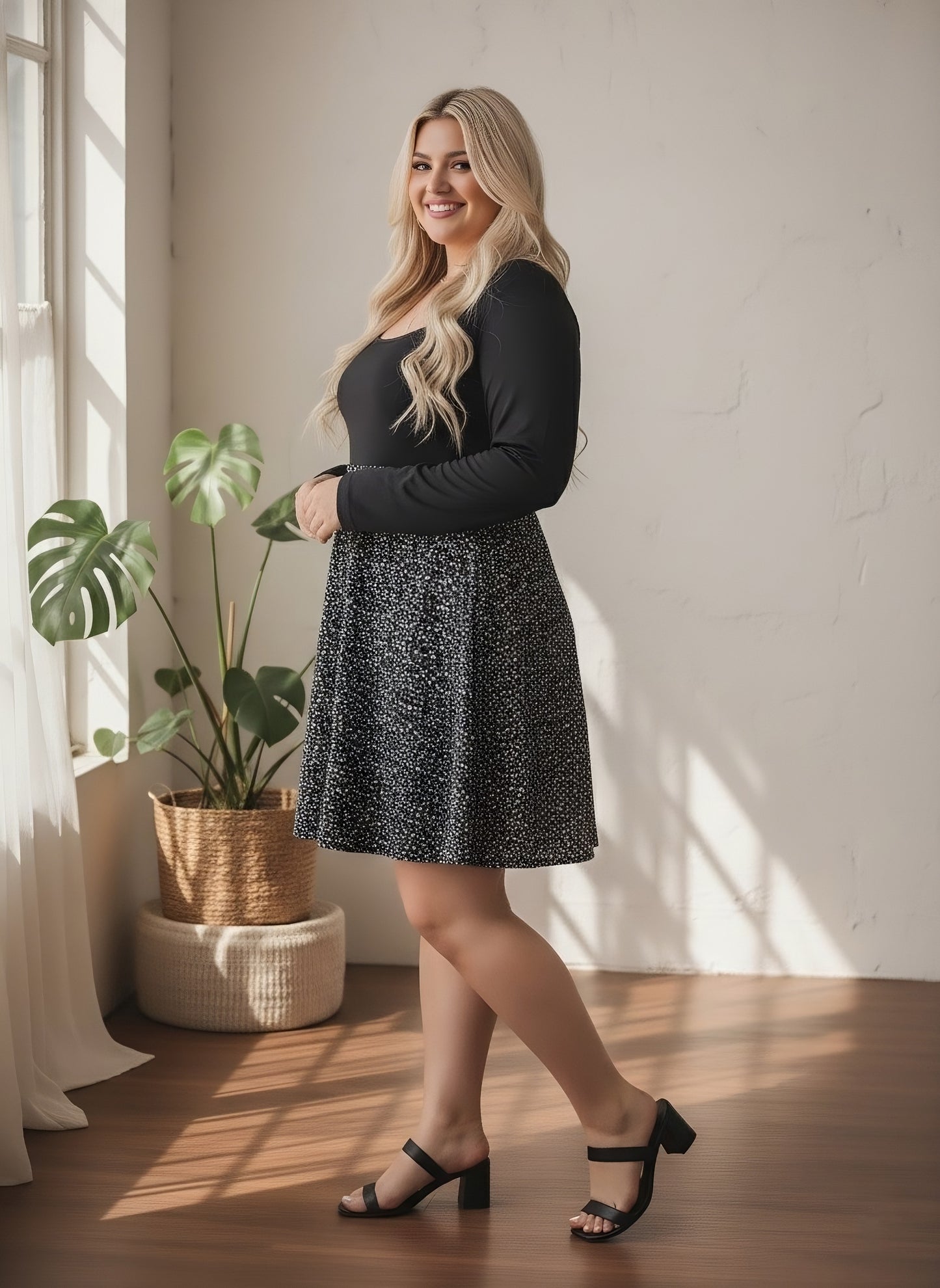 Berrylush Curve Women Black & White Ditsy Floral Printed Square Neck Long Sleeves Flared A-Line Mini Dress