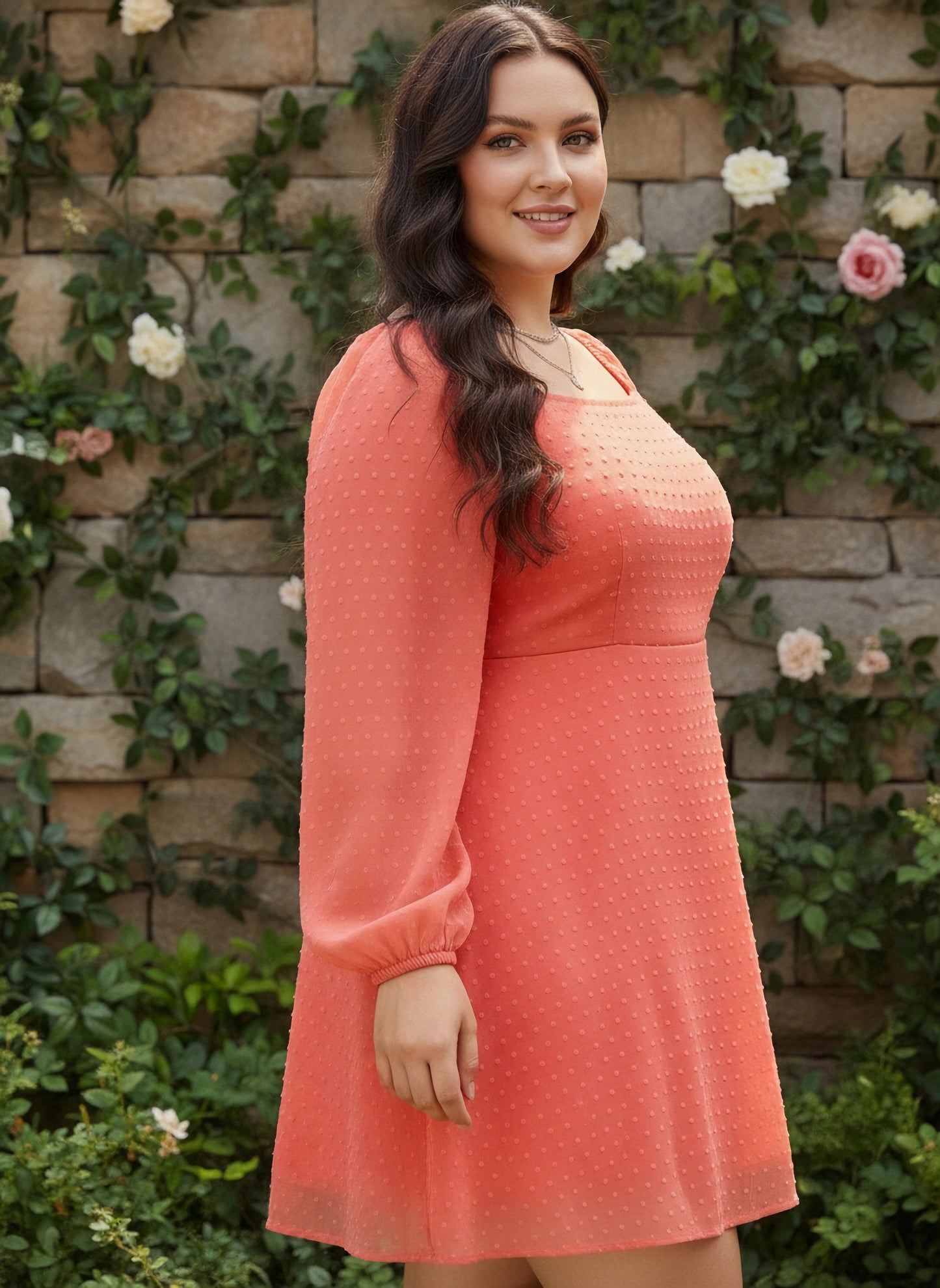 Berrylush Women Plus Size Pink Self-Design Pattern Square Neck Sheer Flared A-Line Mini Dress