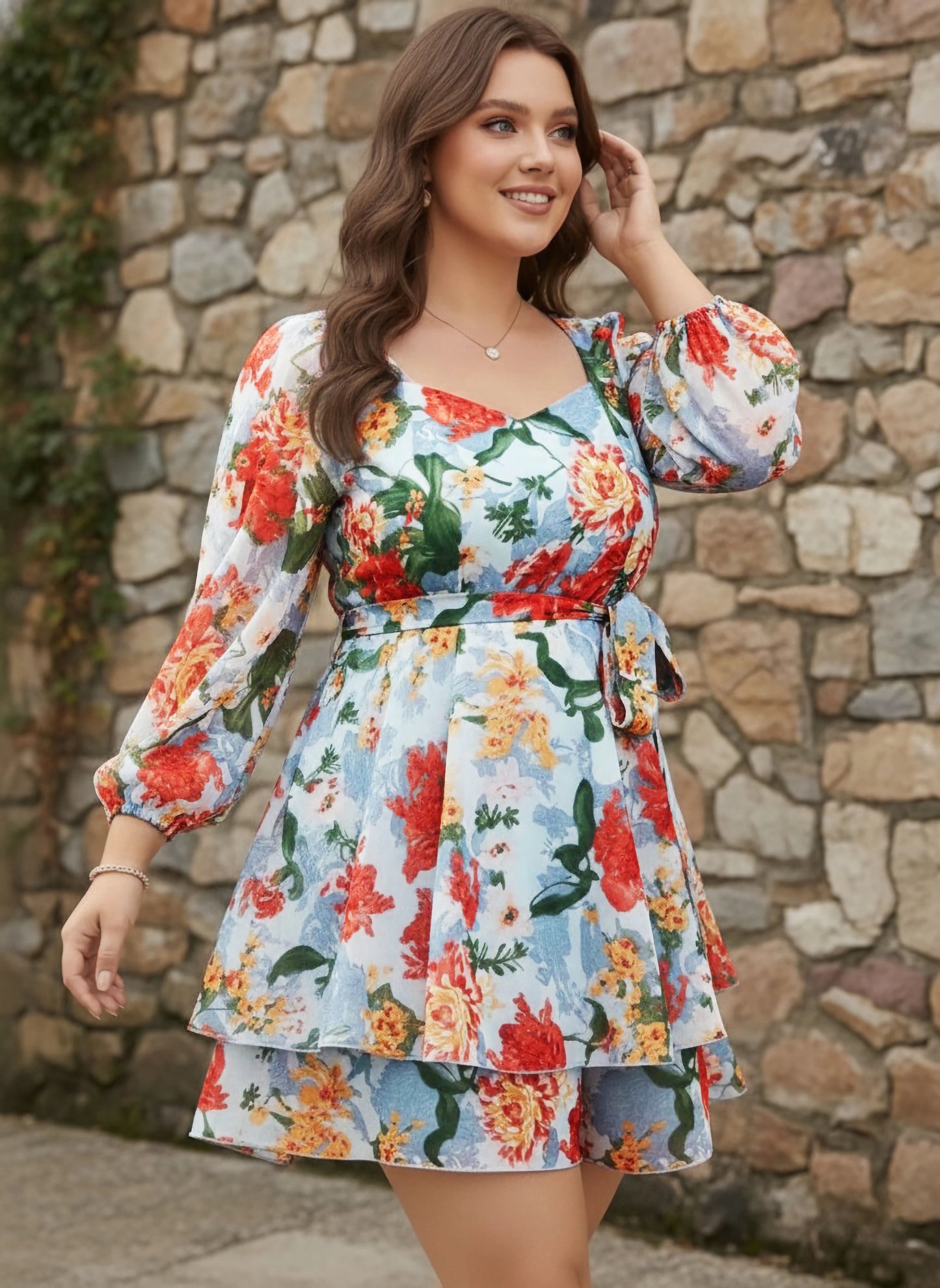 Plus Size Blue & Red Floral Printed Sweetheart Neck Tie-Up Waist Pleated Mini Jumpsuit