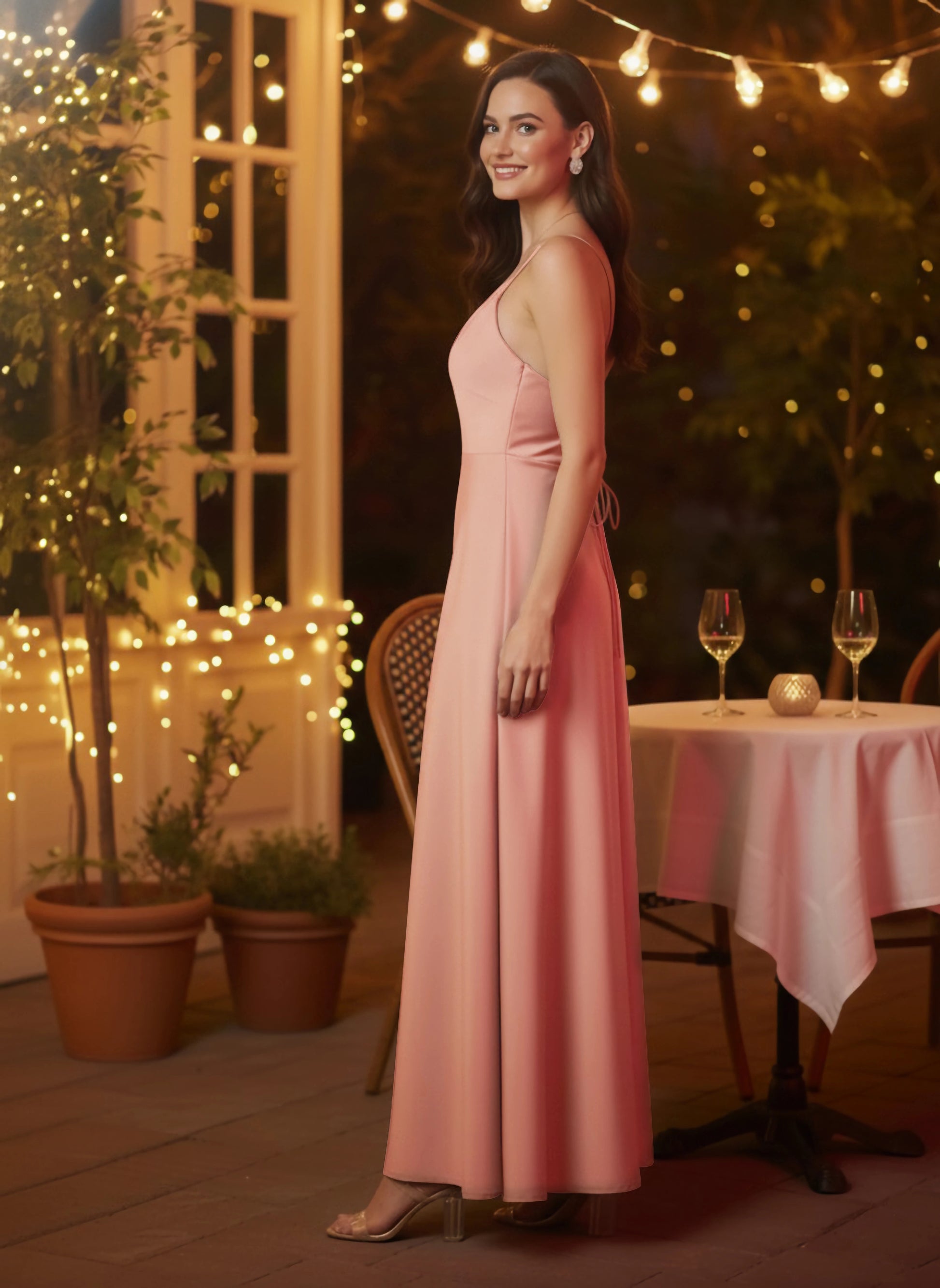 Women Solid Light Pink Cowl Neck Sleeveless Lace-Up Backless Thigh-High  Slit Flared Maxi Dress - Berrylush