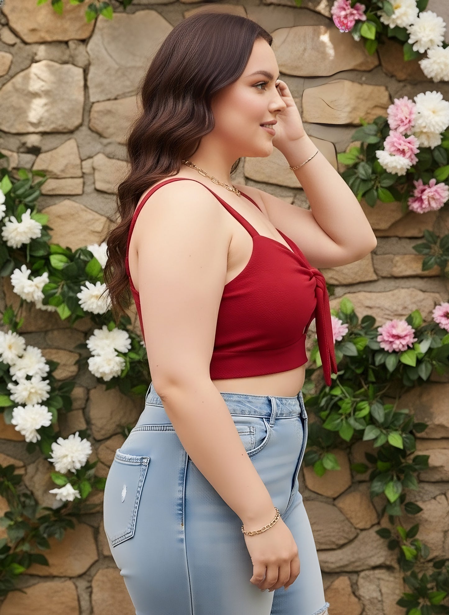 Berrylush Curve Women Red Solid Shoulder Straps Twist Knot Fitted Crop Top