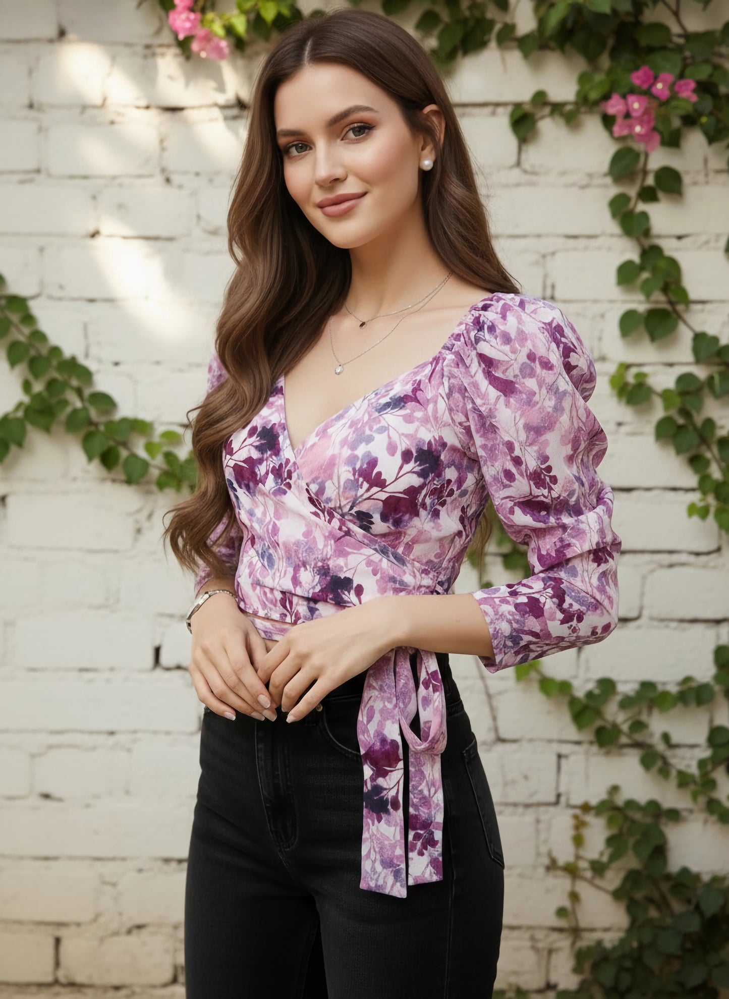 Berrylush Women White & Lavender Floral Printed Sweetheart Neck Waist Tie-Up Wrap Cropped Top