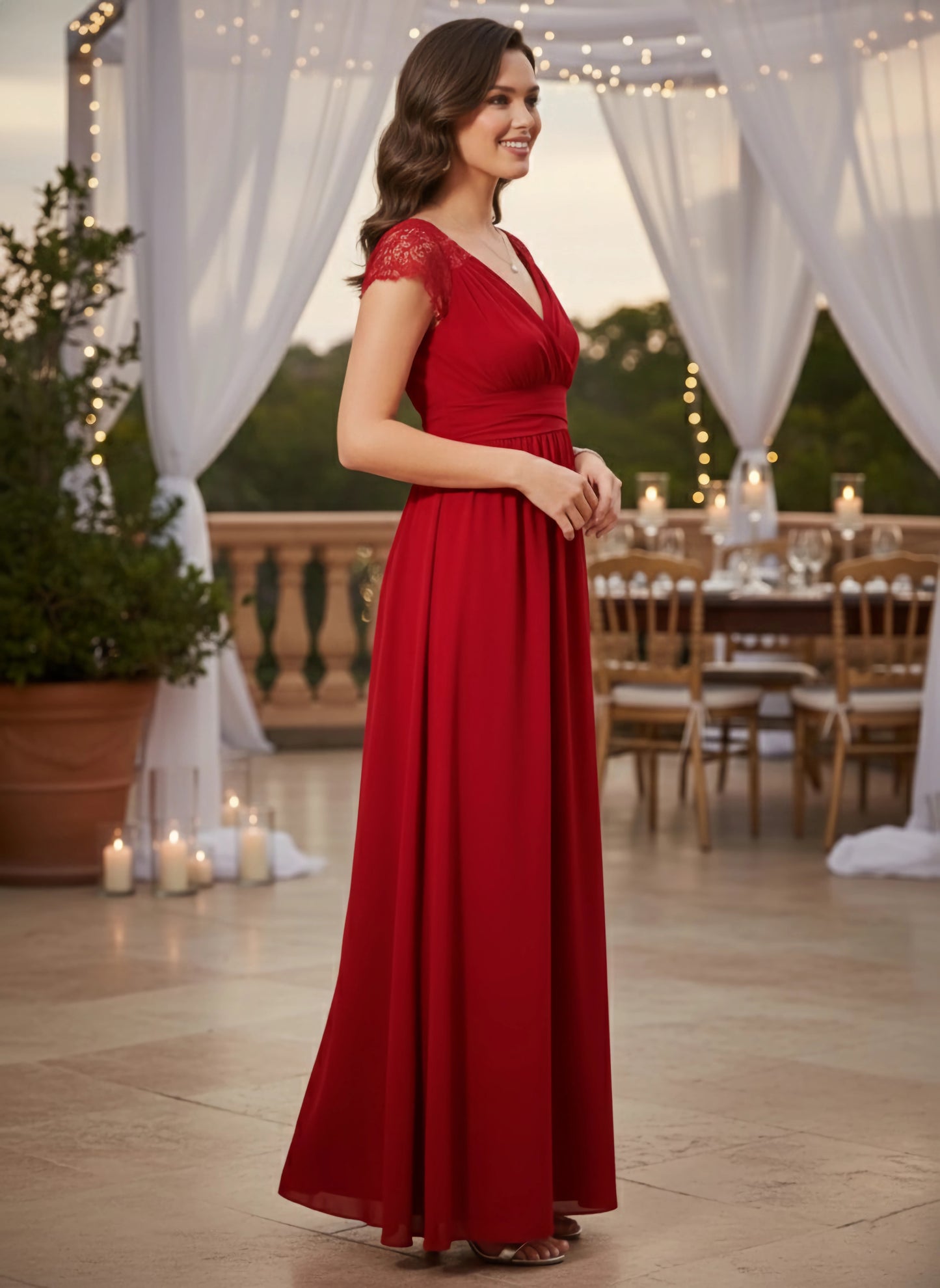 Solid Red V-Neck Lace Inserts Thigh-High Slit Flared Maxi Dress