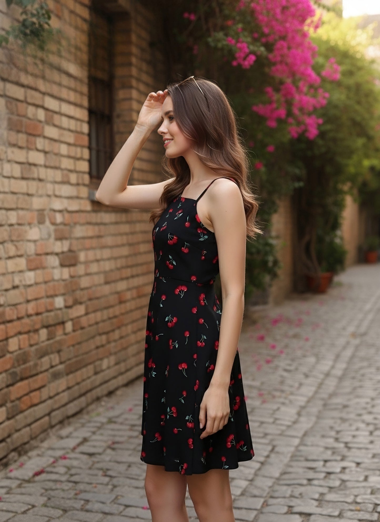 Berrylush Women Black & Red Cherry Printed Square Neck Crepe Flared A-Line Mini Dress