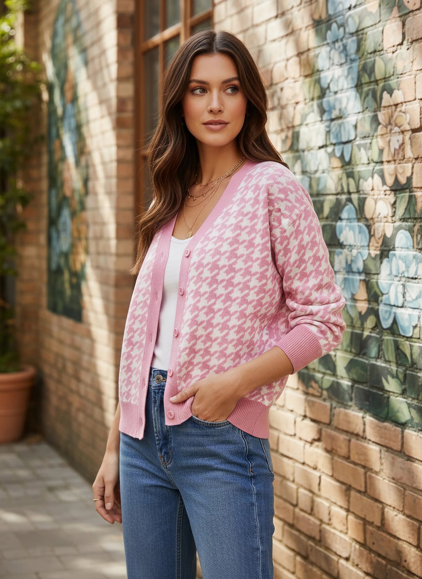 Berrylush Women Pink & White Houndstooth Printed V-Neck Drop-Shoulder Sleeves Front Button-Up Acrylic Straight Hem Knitted Regular Cardigan