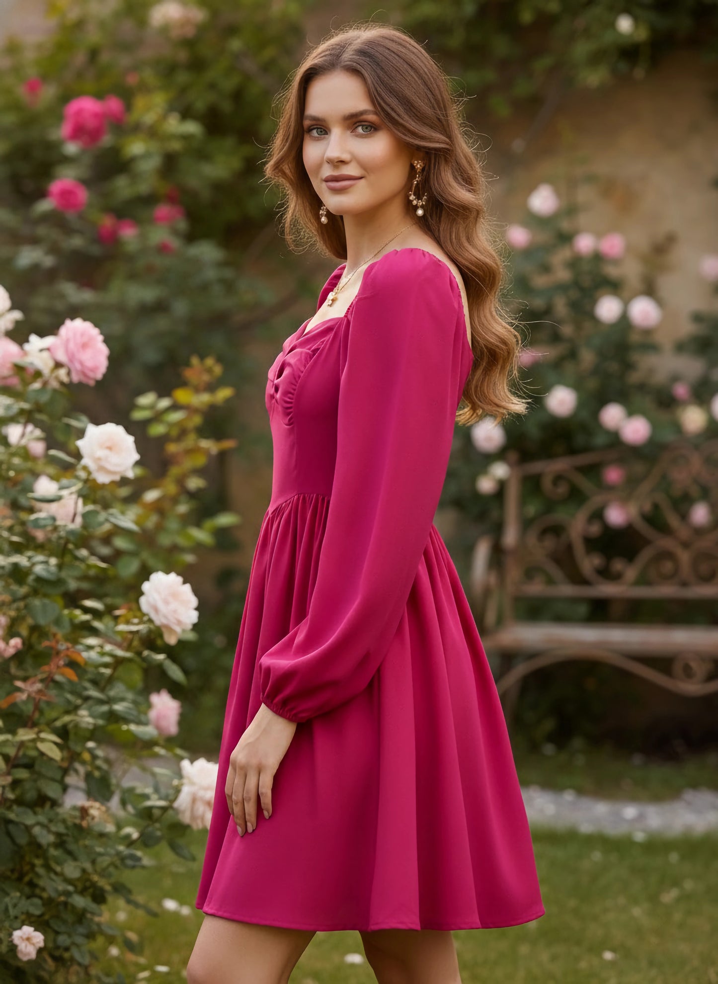 Solid Pink Sweetheart Neck Puff Sleeves Back Zipper-Up Pleated Fit & Flare Mini Dress