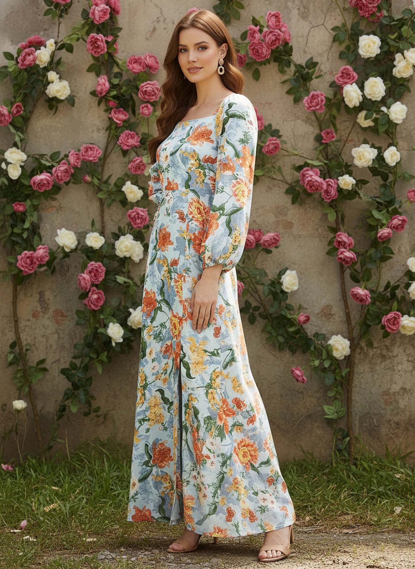 Berrylush Women Blue Floral Printed Square Neck Maxi Dress