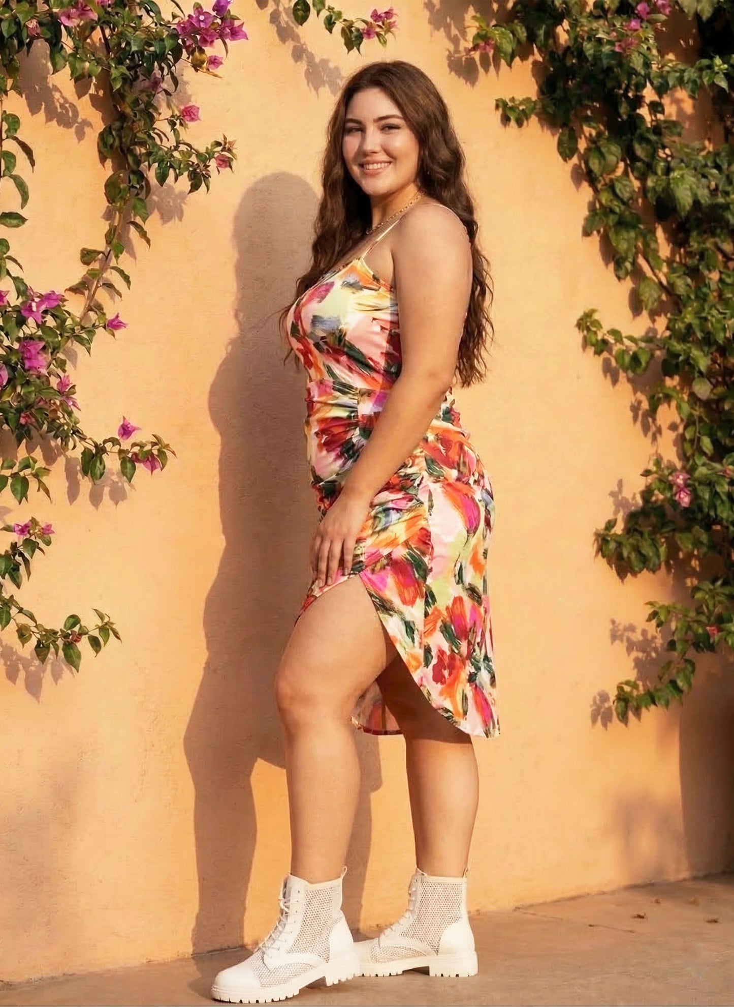 Berrylush Women Plus Size Pink Abstract Printed Square Neck Asymmetrical Hem Ruched A-Line Midi Dress