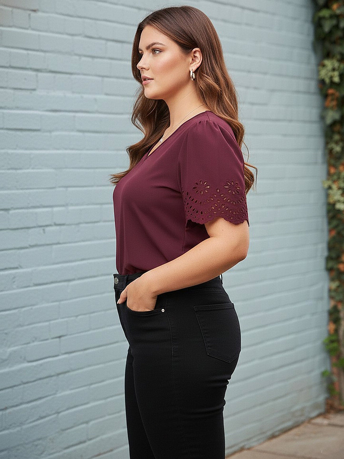 Curve Solid Maroon V-Neck Short Cutout Sleeves Woven Regular Top