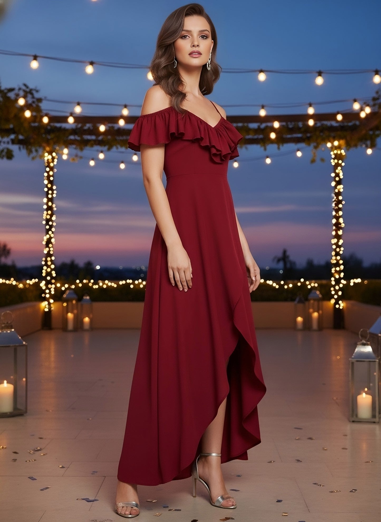 Berrylush Women Solid Red V-Neck Tulip Hem Crepe Ruffled Maxi Dress