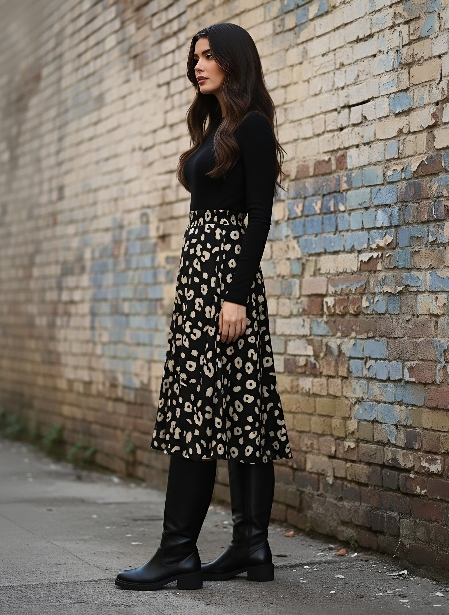 Berrylush Women Black & Cream Animal Printed Crepe Flared A-Line Midi Skirt