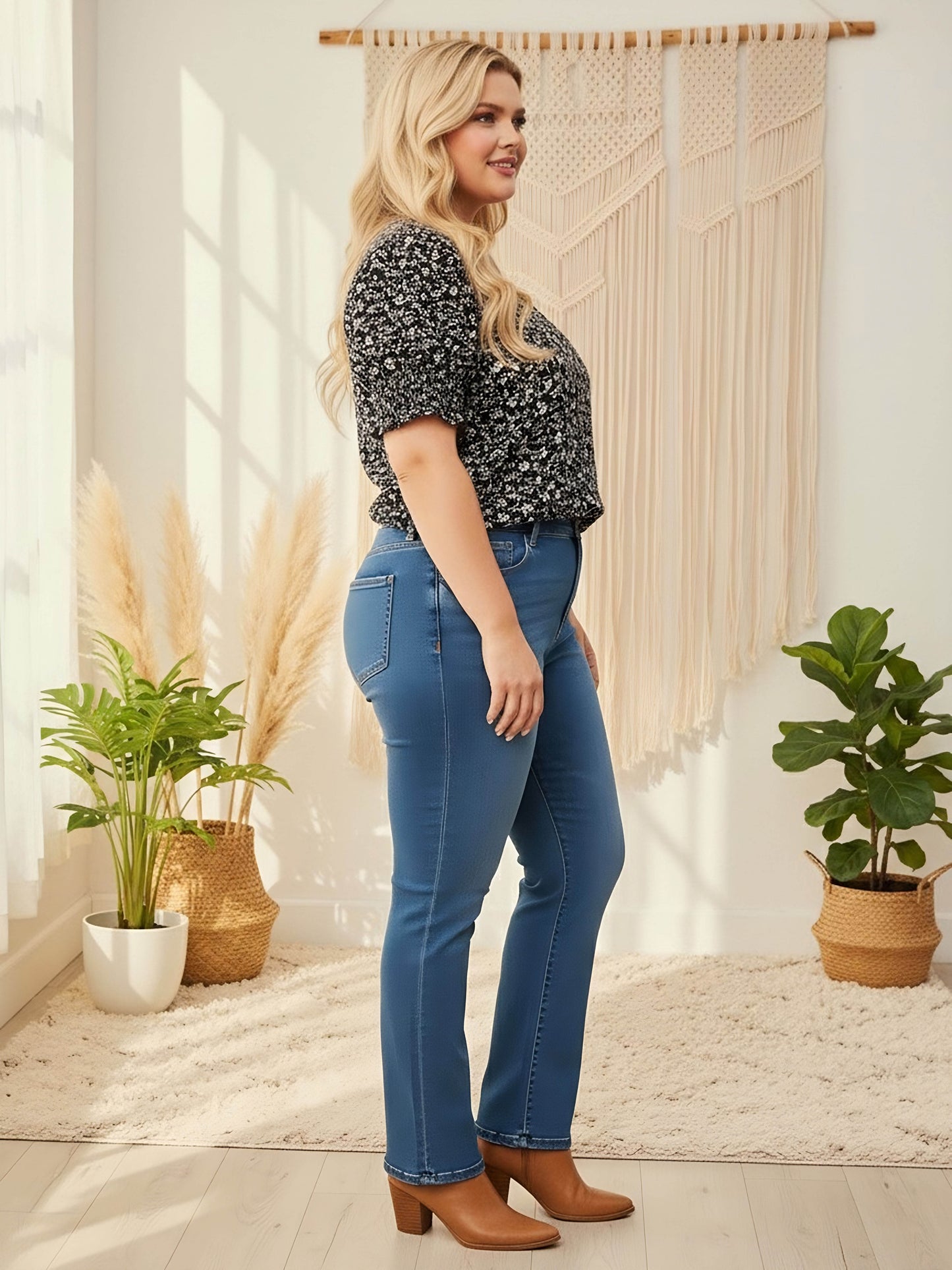 Berrylush Women Plus Size Black & White Floral Printed V-Neck Puff Sleeves Button-Up Smocked Regular Top