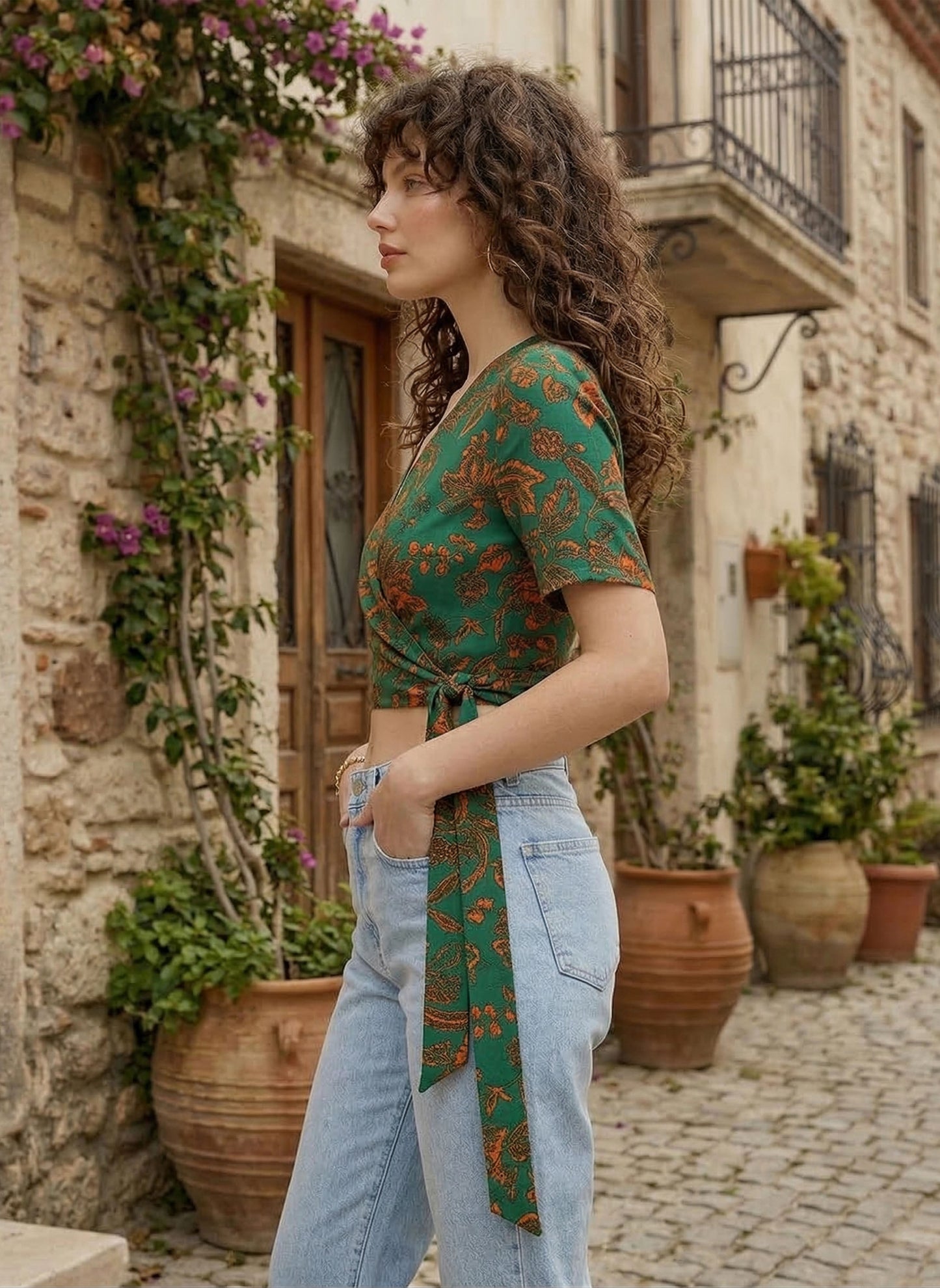 Green & Orange Floral Printed V-Neck Puff Sleeves Waist Tie-Up Wrap Cropped Top