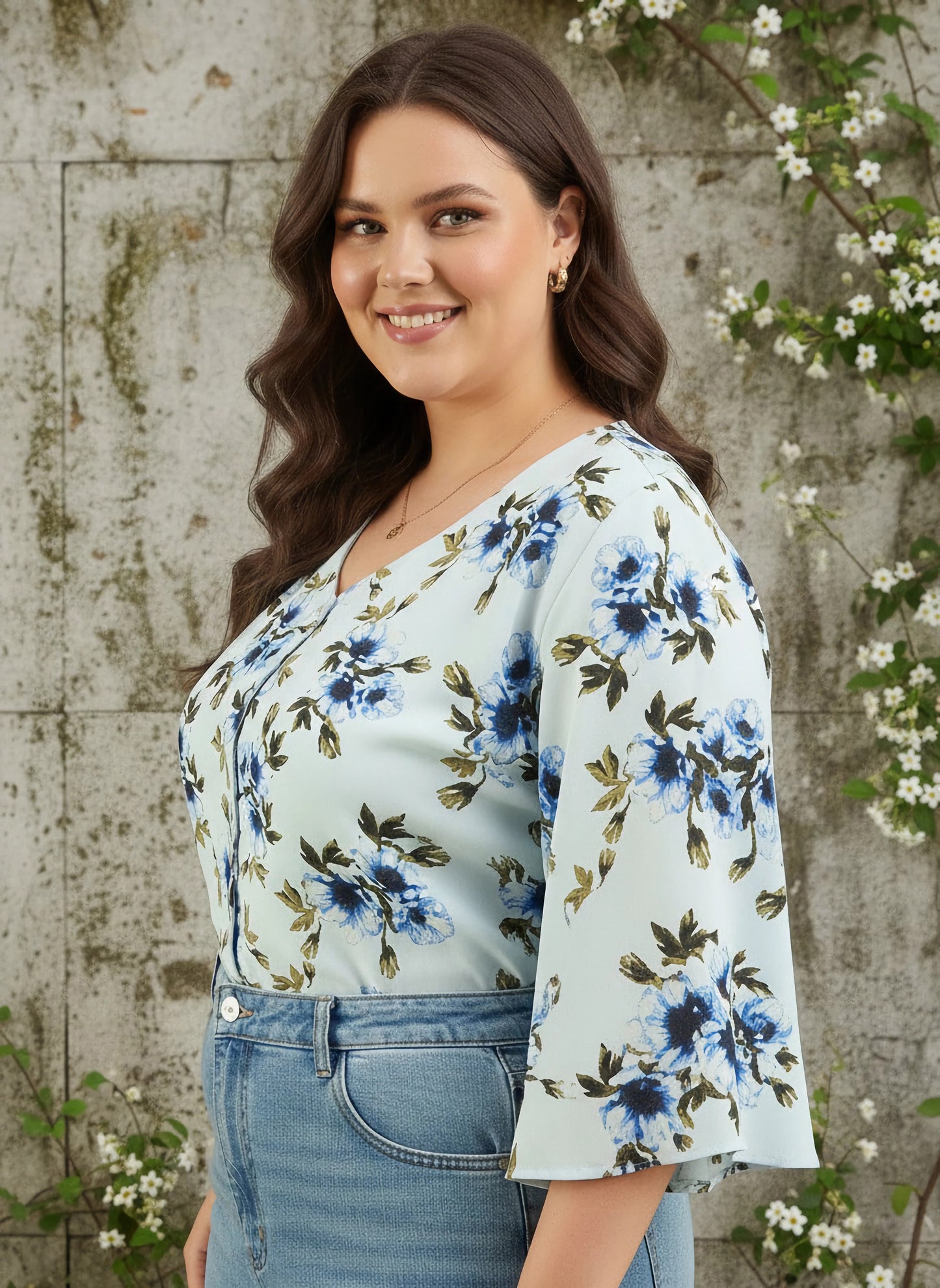 Berrylush Curve Women Green & Blue Floral Printed V-Neck Batwing Sleeves Front Button-Up Regular Top