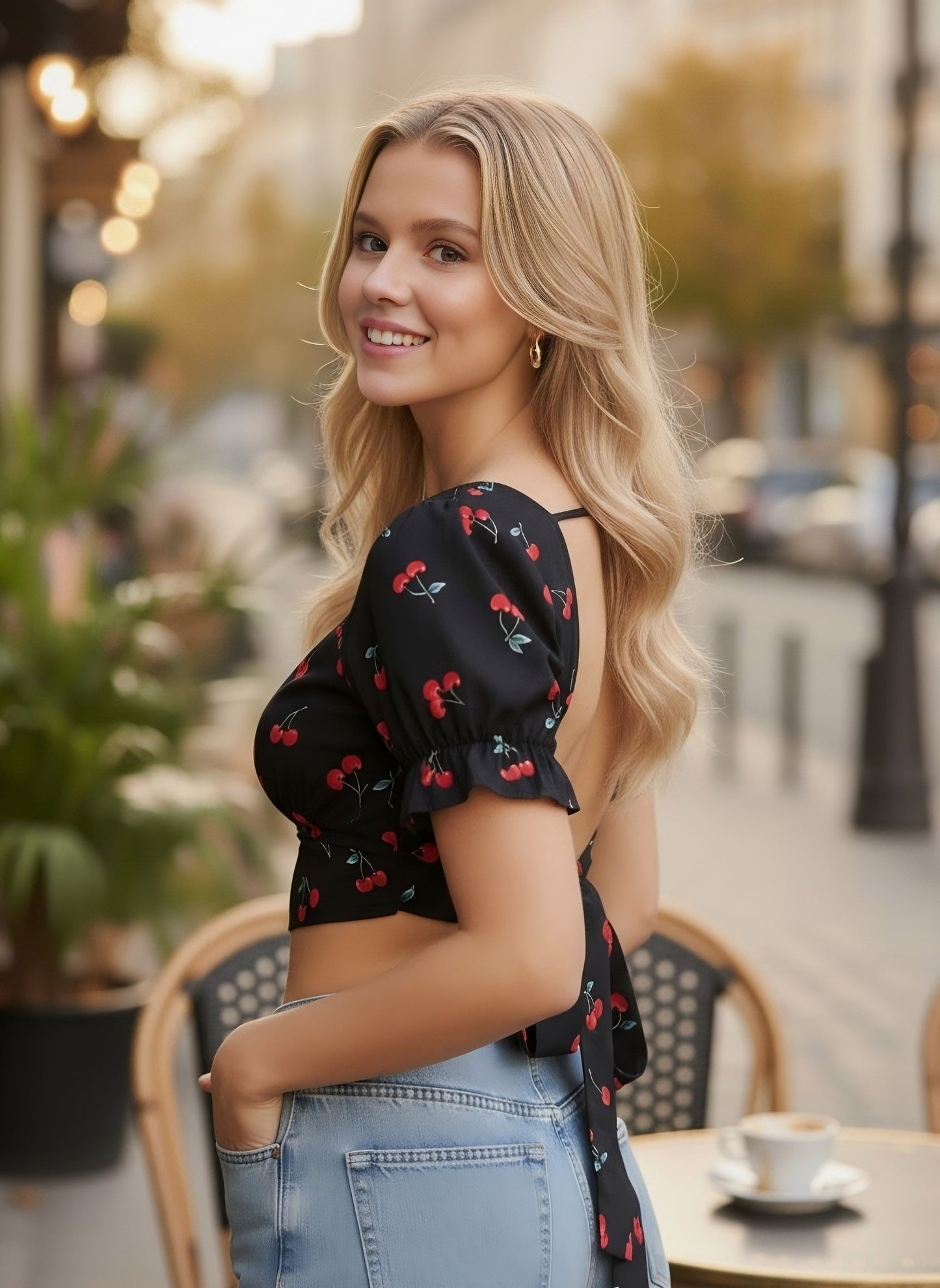 Berrylush Women Black & Red Cherry Printed Square Neck Puff Sleeves Tie-Up Backless Cropped Top