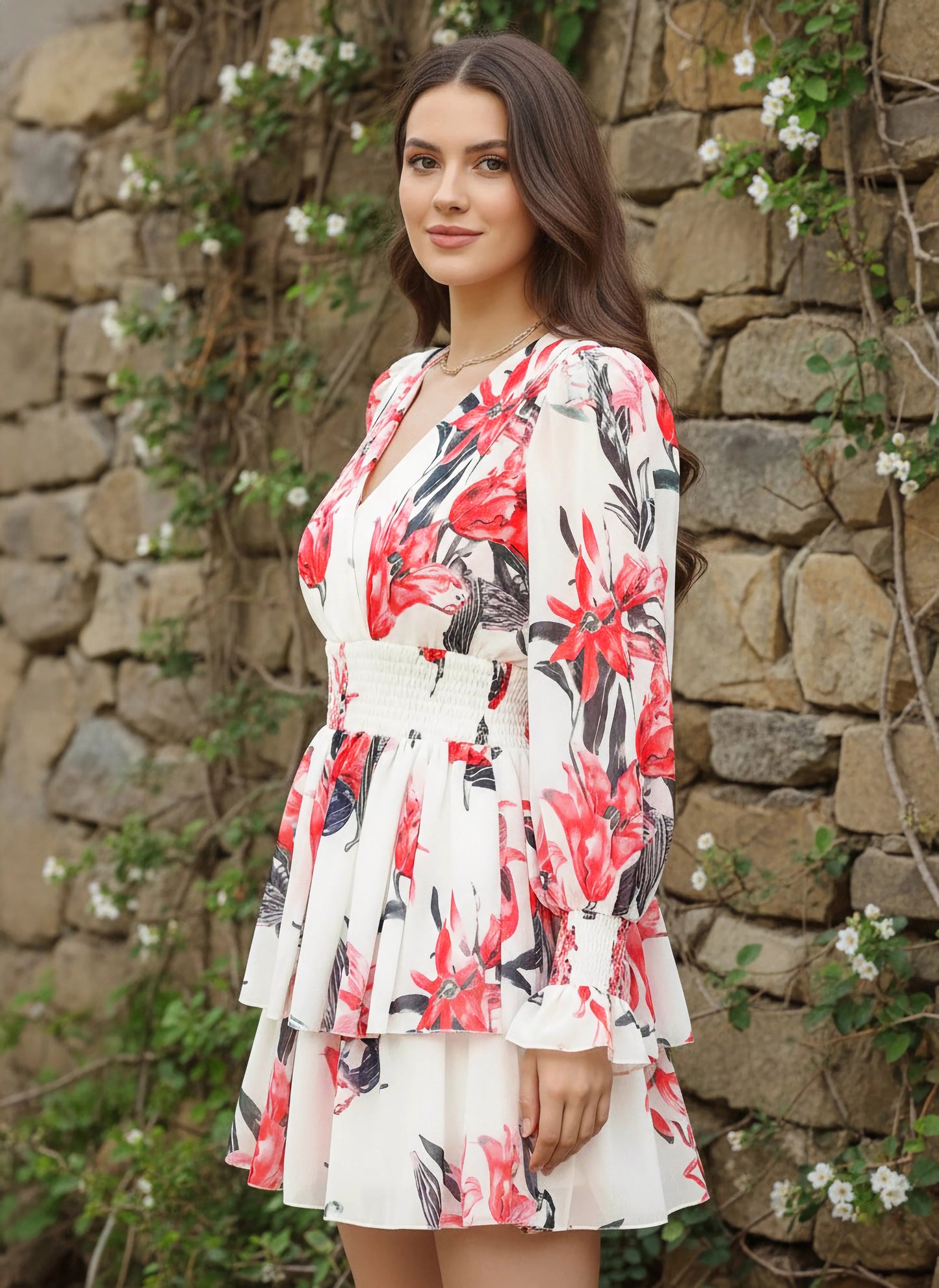 Berrylush Women White & Red Floral Printed V-Neck Puff Sleeve Layered Wrap Mini Dress