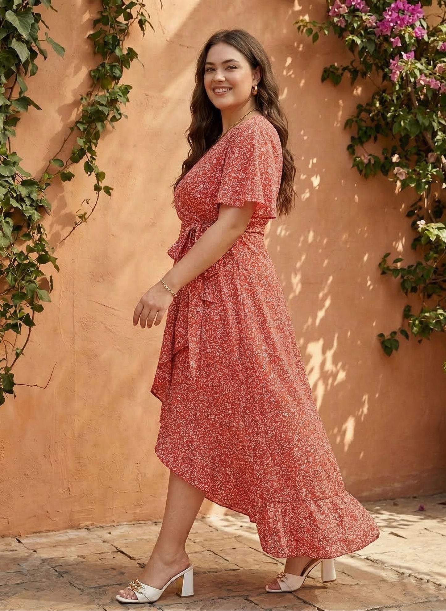 Berrylush Women Plus Size Coral Orange & White Floral Printed V-Neck Waist Tie-Up Crepe Flounce Hem Wrap Maxi Dress