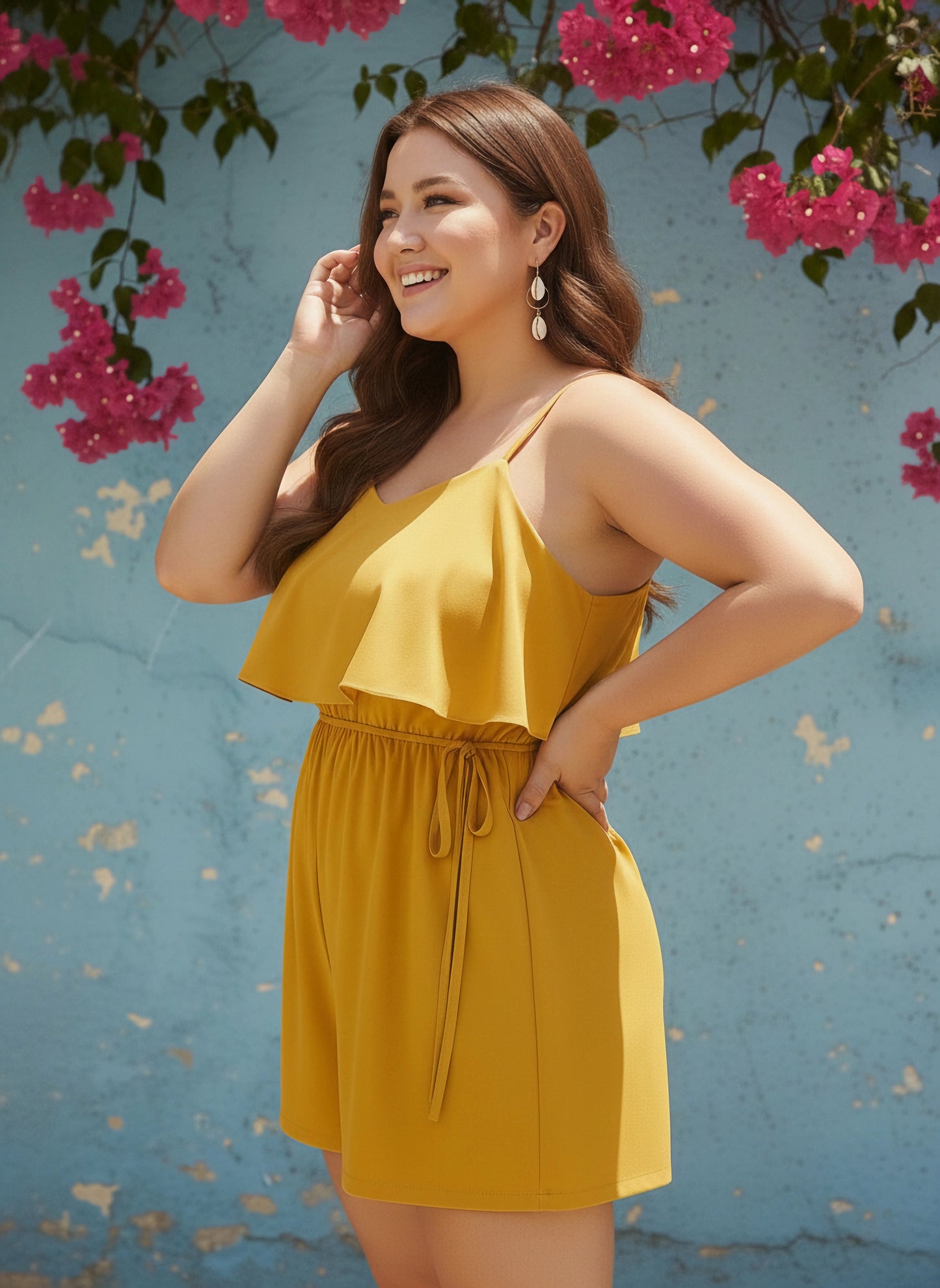 Berrylush Curve Women Solid Yellow Sweetheart Neck Sleeveless Waist Tie-Up Front Layered Mini Playsuit