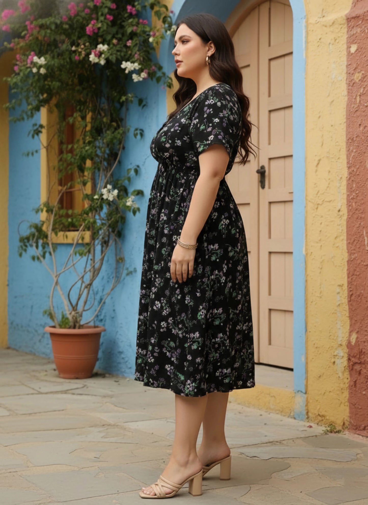 Berrylush Women Plus Size Black & Purple Floral Printed V-Neck Crepe Flared Wrap Midi Dress