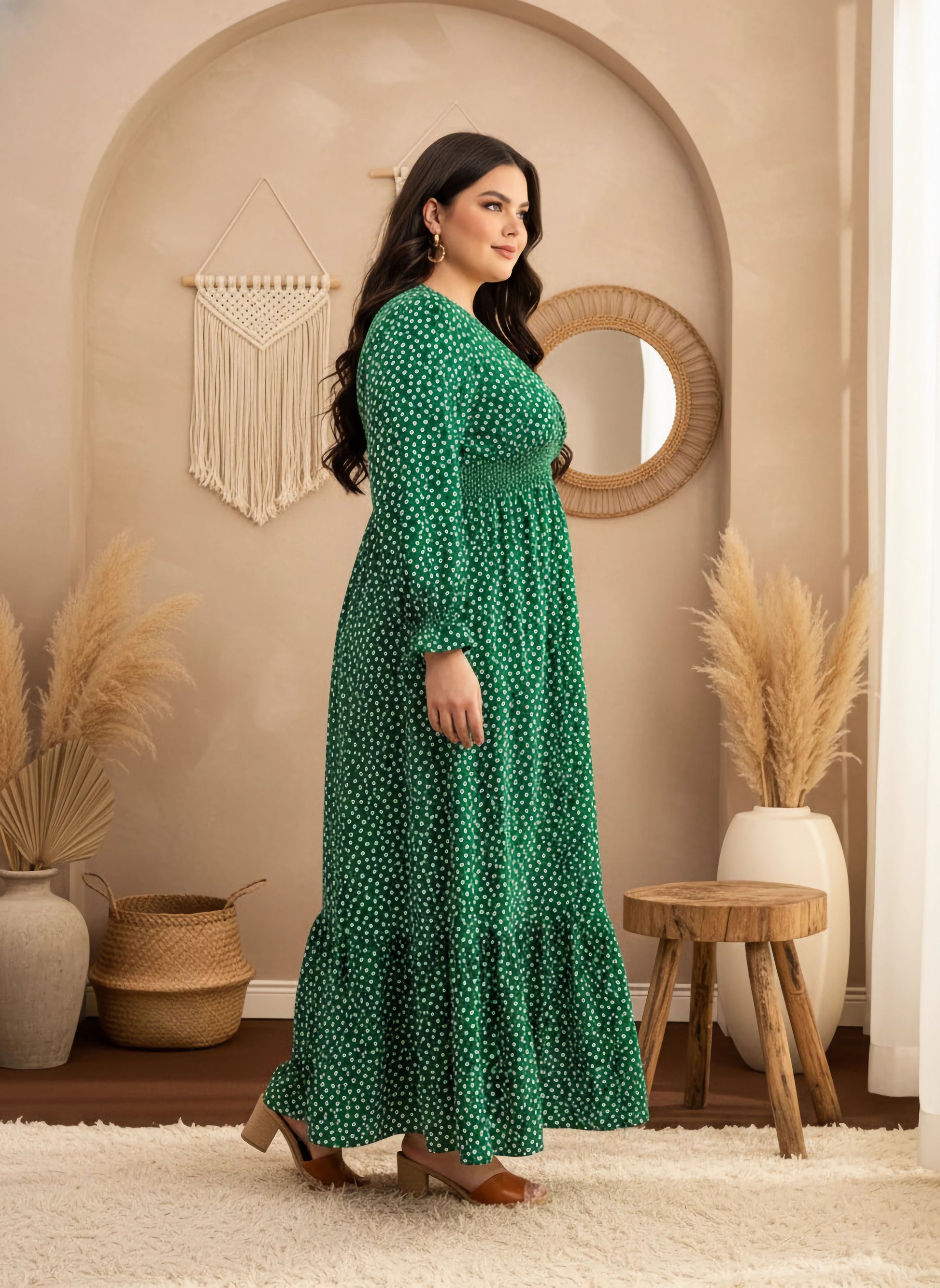 Berrylush Curve Women Plus Size Green Floral Print V-Neck Long Sleeve Maxi  Dress
