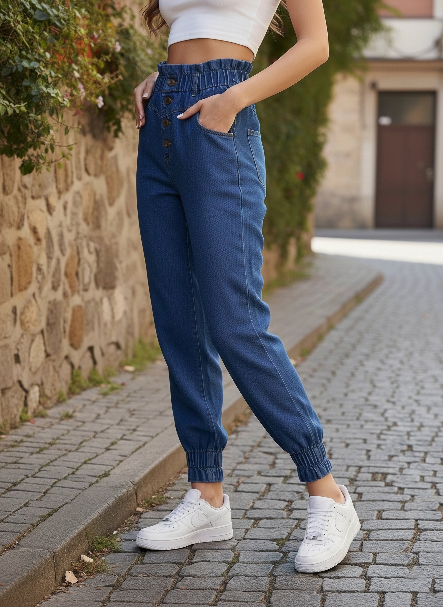 Solid Blue High-Rise Elastic Waist Four-Pocket Cotton Slip-On Knitted Regular Joggers