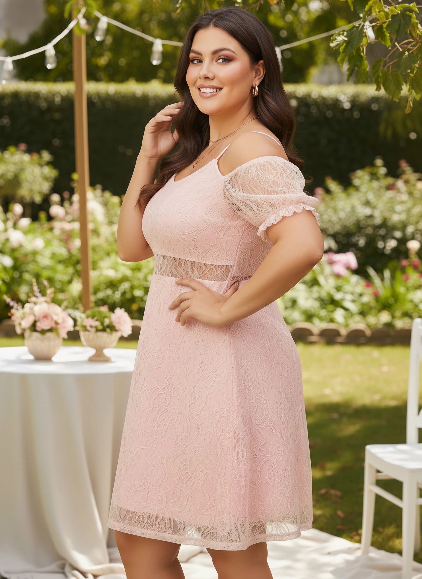Curve Solid Pink Round Neck Cold-Shoulder Sleeves Lace Knitted Fit & Flare Mini Dress