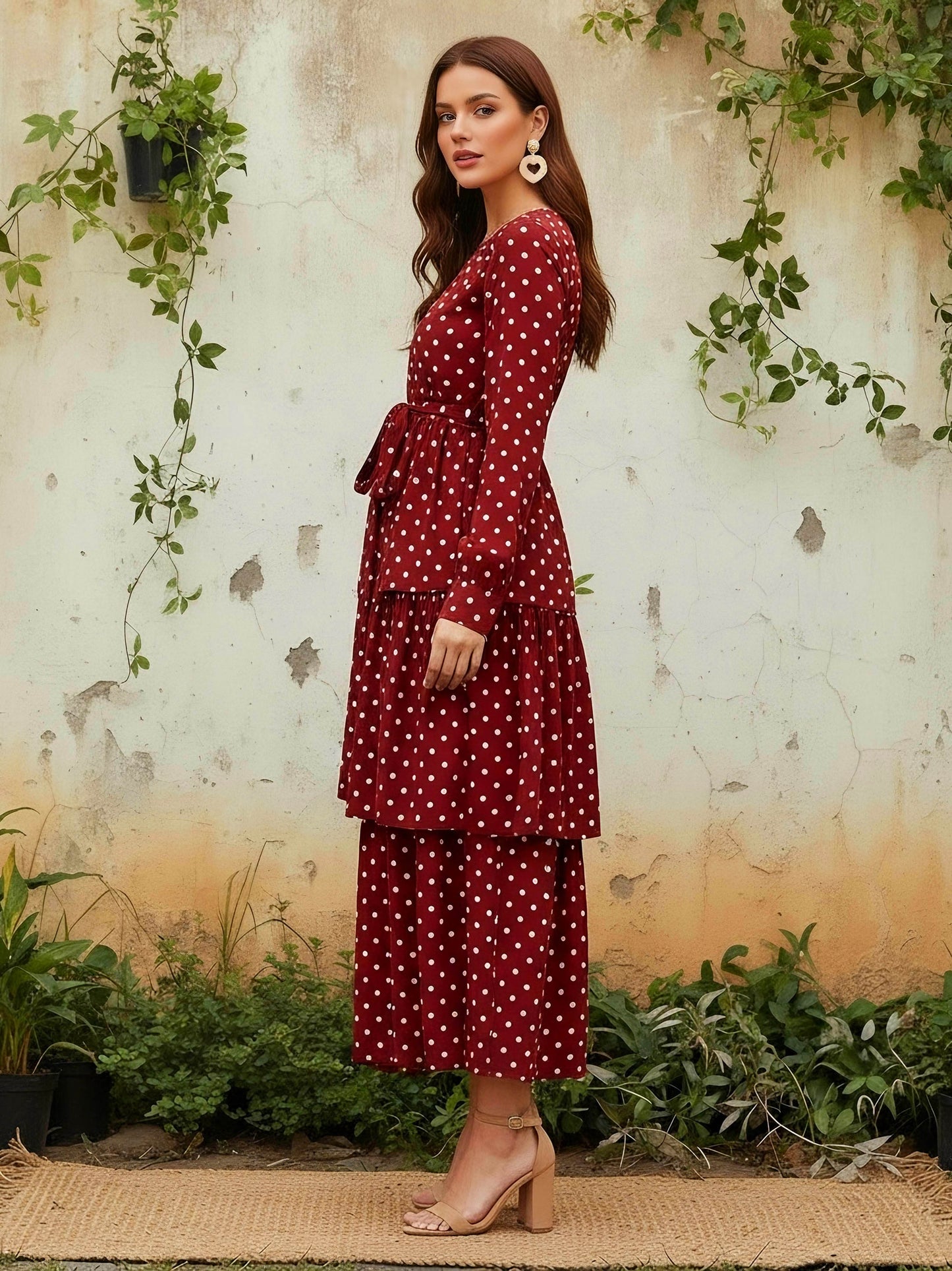 Berrylush Women Red Polka Dot Printed Round-Neck Tiered Fit & Flare Maxi Dress