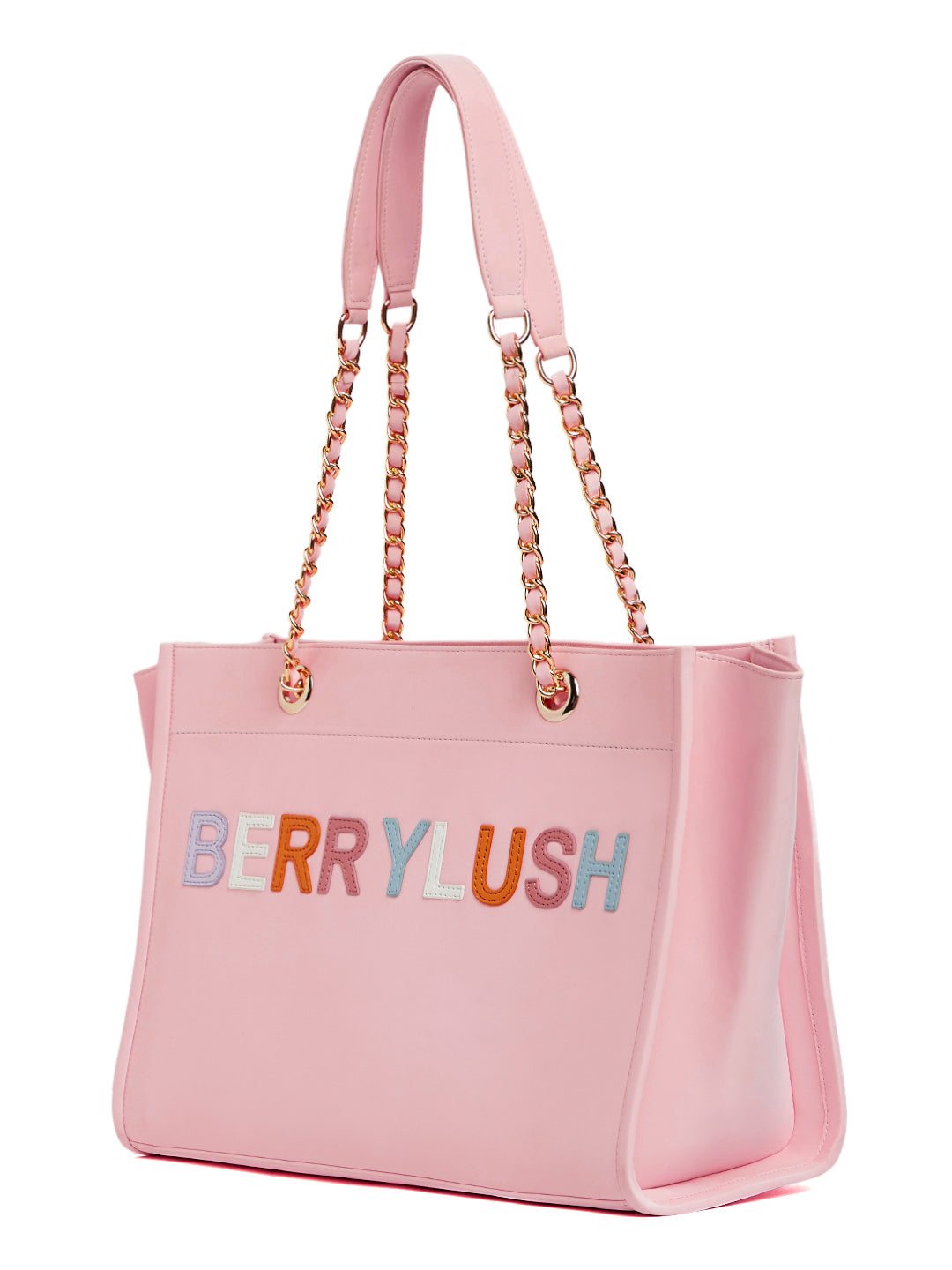 Berrylush Women Pink Typography PU Mobile Pouch Embellished Oversized Tote Bag