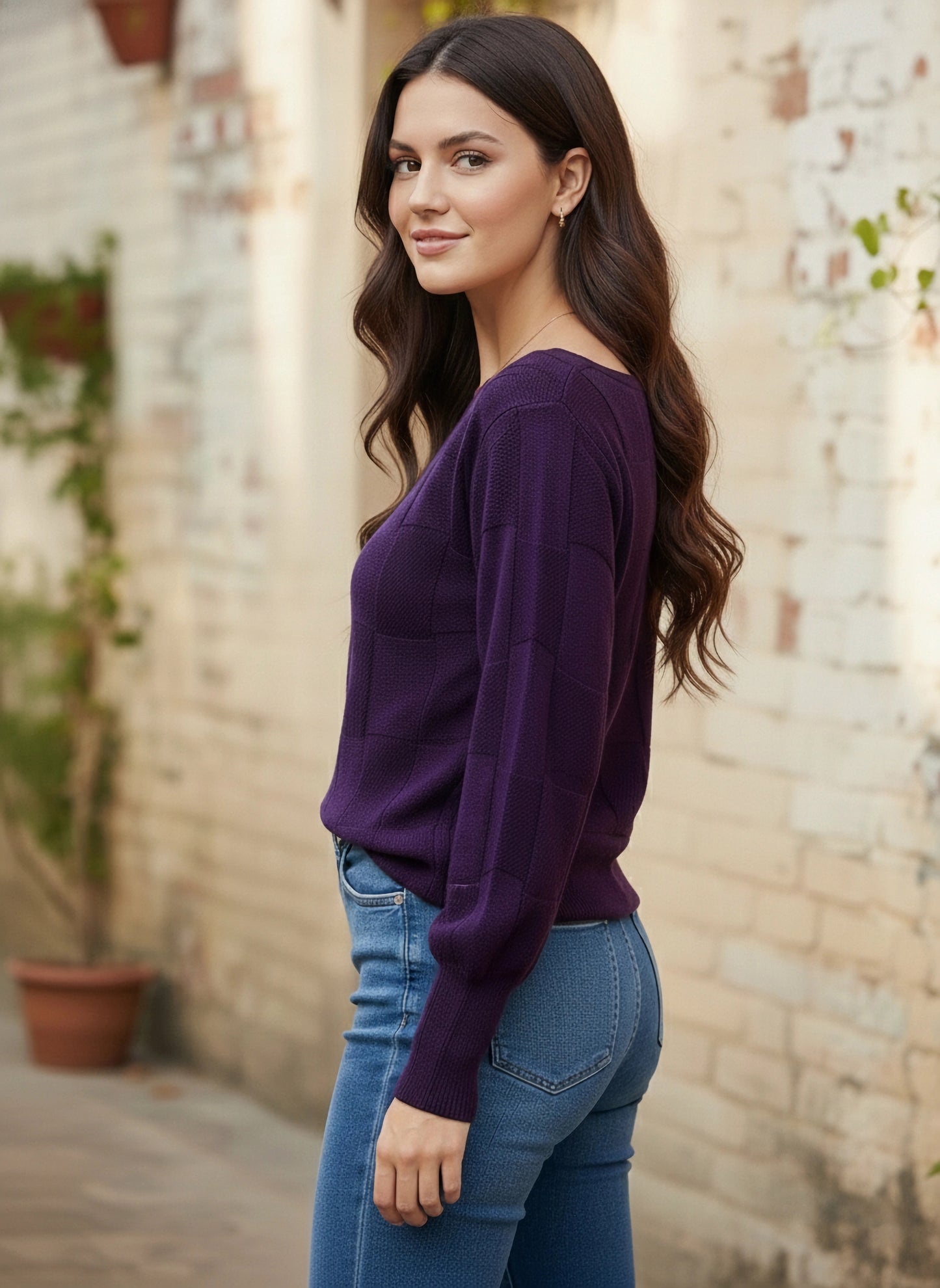 Berrylush Women Solid Purple Boat Neck Drop-Shoulder Sleeves Acrylic Ribbed Hem Knitted Regular Sweater